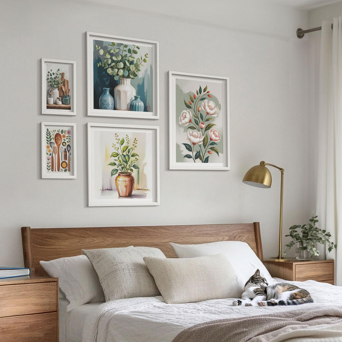 WANDBILDER 5er-Set - 50x50 cm & 20x30 cm & 40x60 cm Weißer Rahmen - Blumen und Früchte in Vasen - Weiß, Kunststoff (40/60cm) - ArtPrintCave