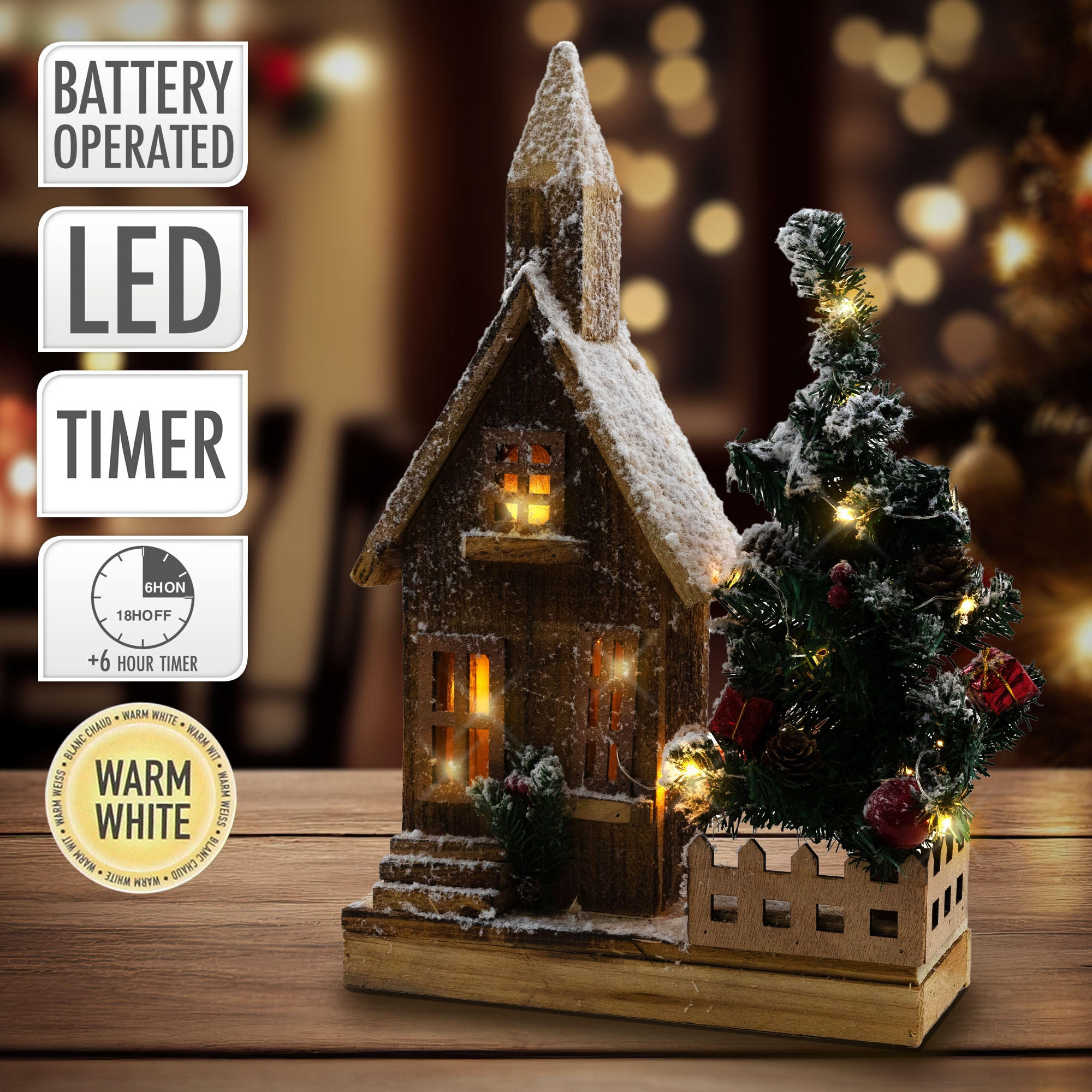 WEIHNACHT HAUS mit Baum - Braun, Holz (11/44/27cm)