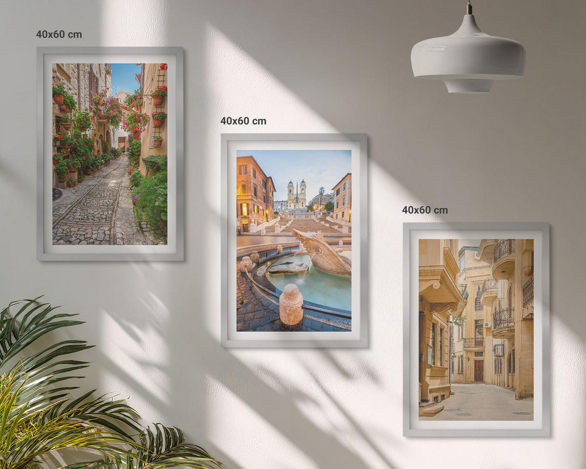 BILDER SET 3er Set - 40x60 cm Silberner Rahmen - Die bezaubernden Straßen des Brunnens - Silberfarben, Kunststoff (40/60cm) - TULUP