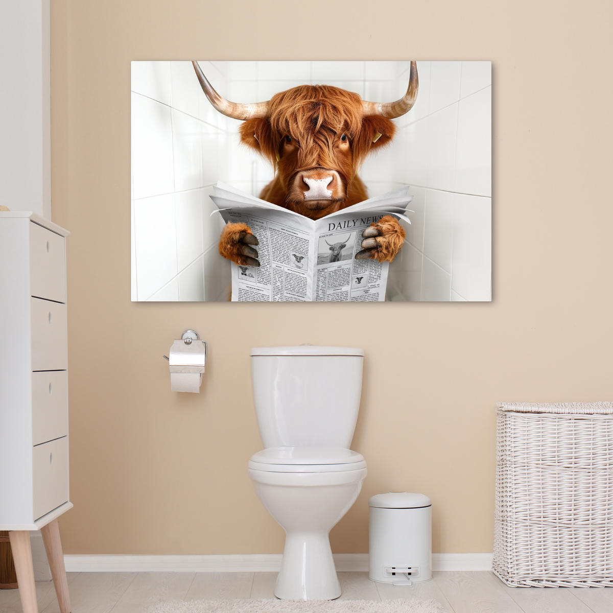 LEINWANDBILD Schottischer Highlander - Tier - Zeitung - Toilette Wohnzimmer 120x80 cm - Kastanienfarben, Textil (120/80cm) - MuchoWow