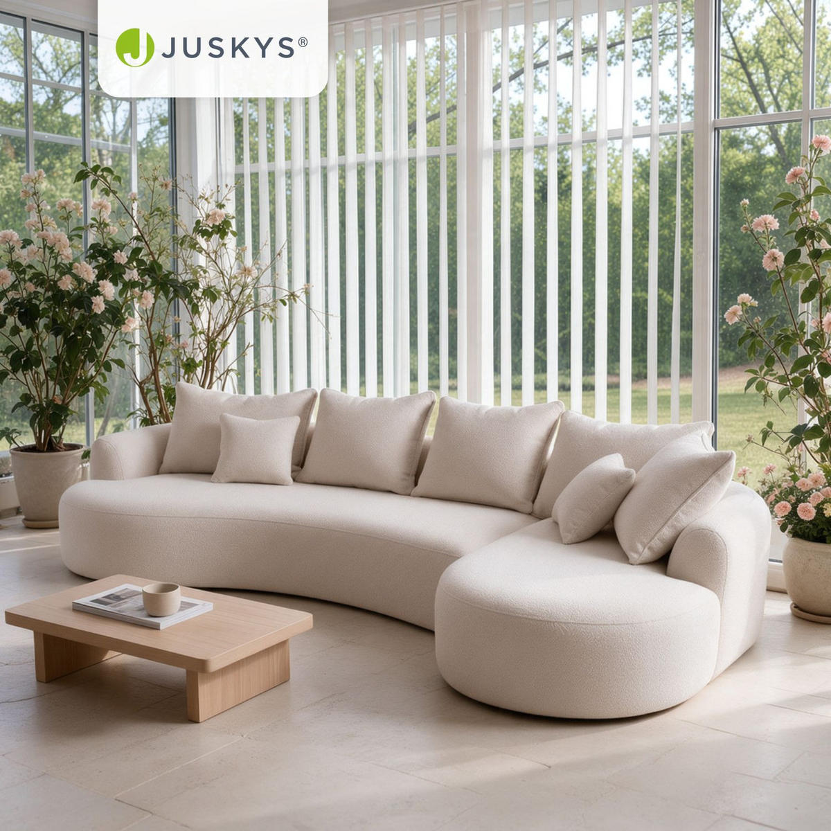 SOFA Tirano Bouclé Creme mit Ottomane rechts - Creme, Textil (300/102cm) - Juskys