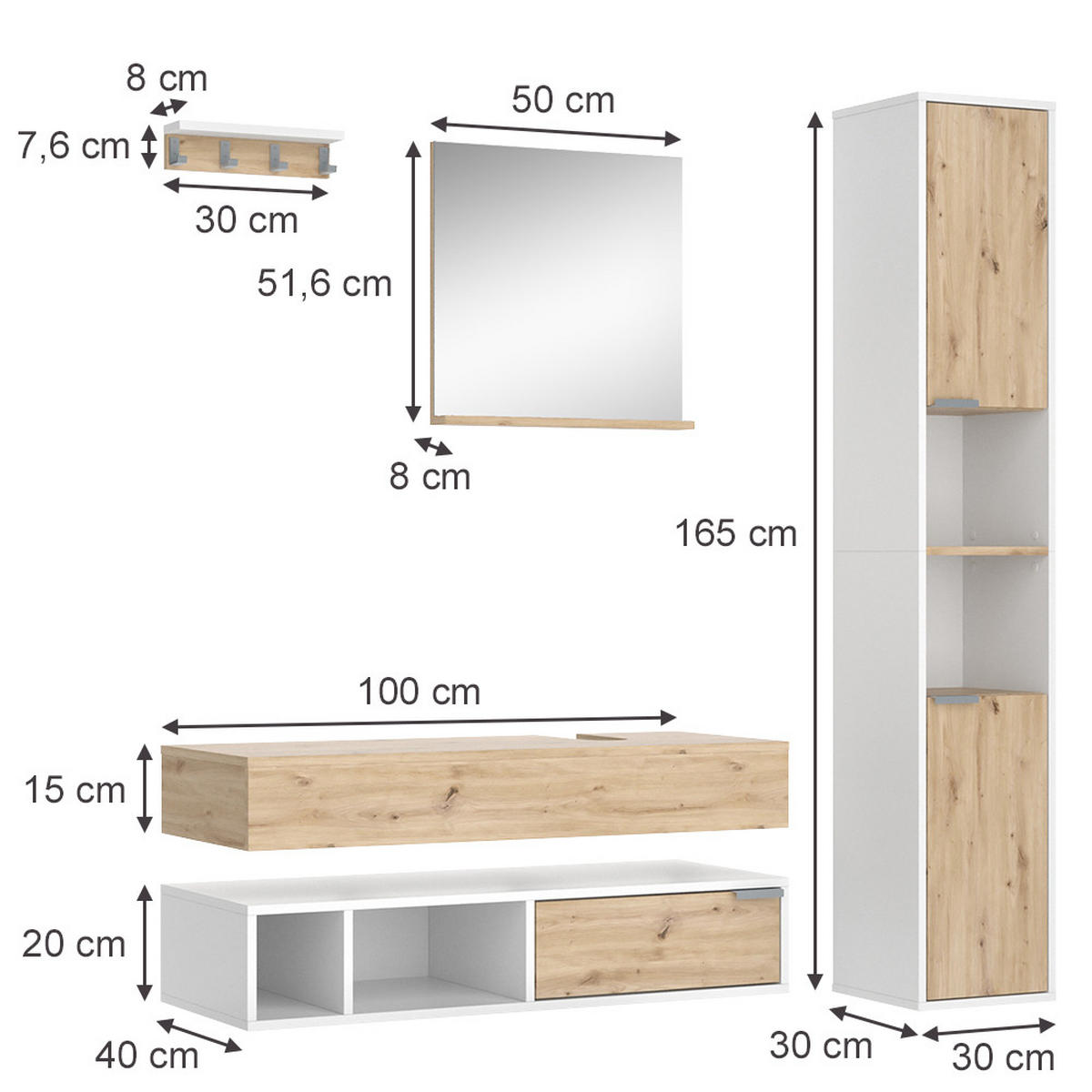 BADMÖBEL-SET Henri Weiß 5 Teile - Weiß/Eiche Artisan, Holzwerkstoff (100/20/40cm) - Vicco