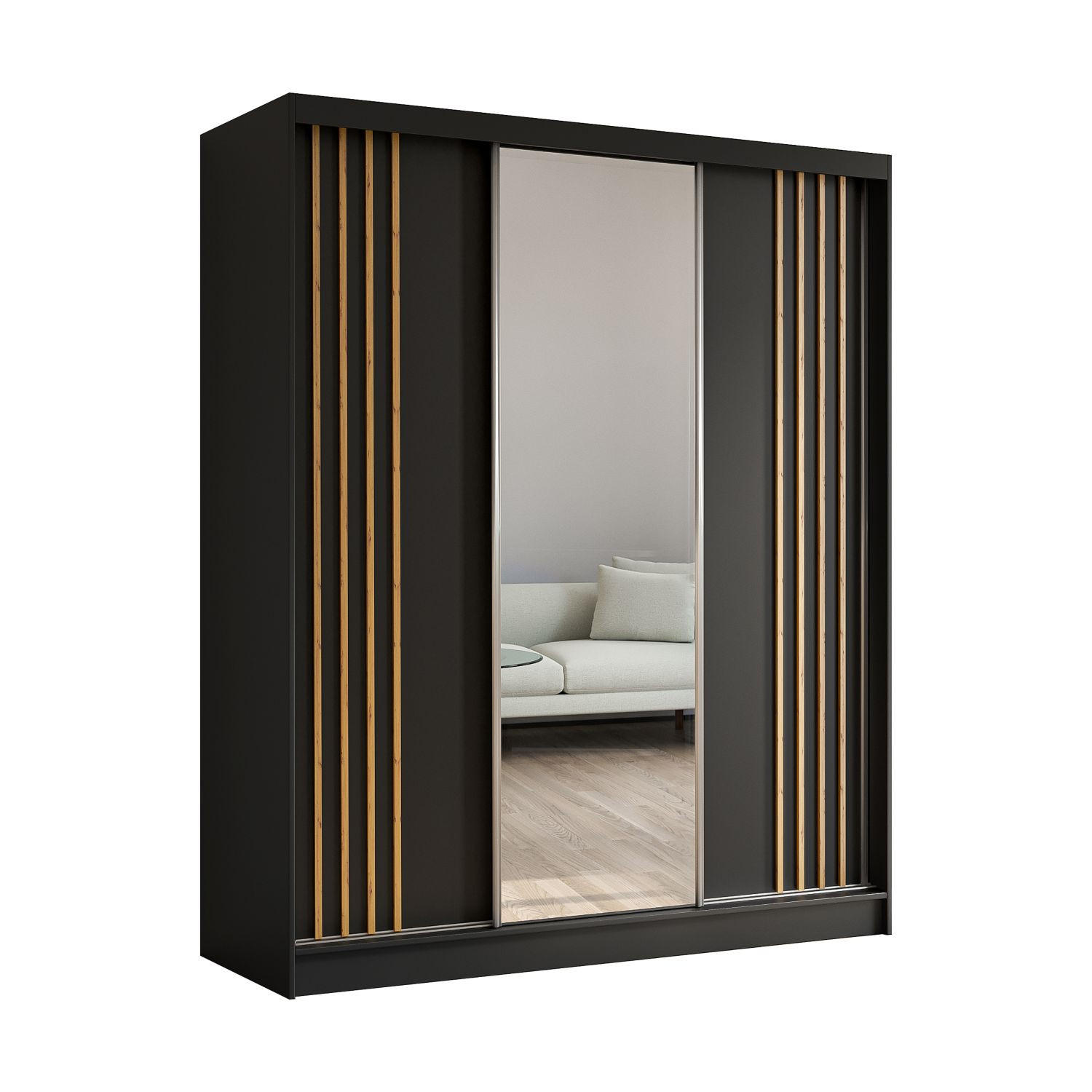 SCHWEBETÜRENSCHRANK Neli 180 cm mit Lamellen und Spiegel 3-türig, schwarz, schwarz, Lamelle Artisan - Schwarz/Eiche Artisan, Kunststoff (180/216/61cm) - Margaret Hadas24
