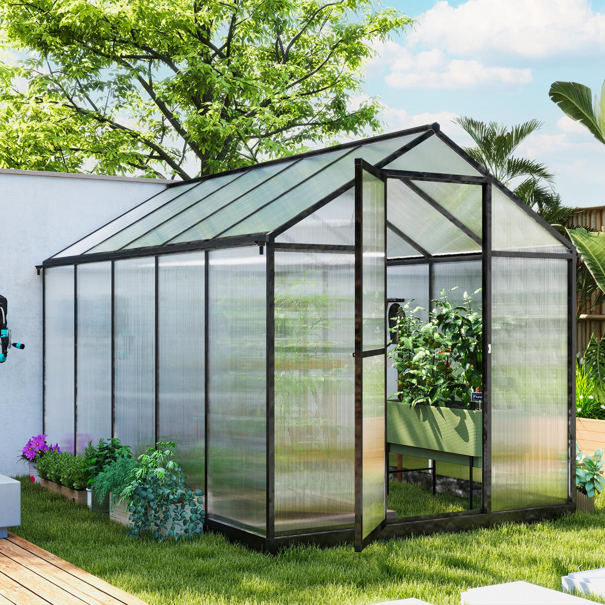 GEWÄCHSHAUS DE-12038 Aluminium-Polycarbonat mit verstellbaren Dachfenstern Transparent - Transparent, Metall (183/195/303cm) - ComfortXL