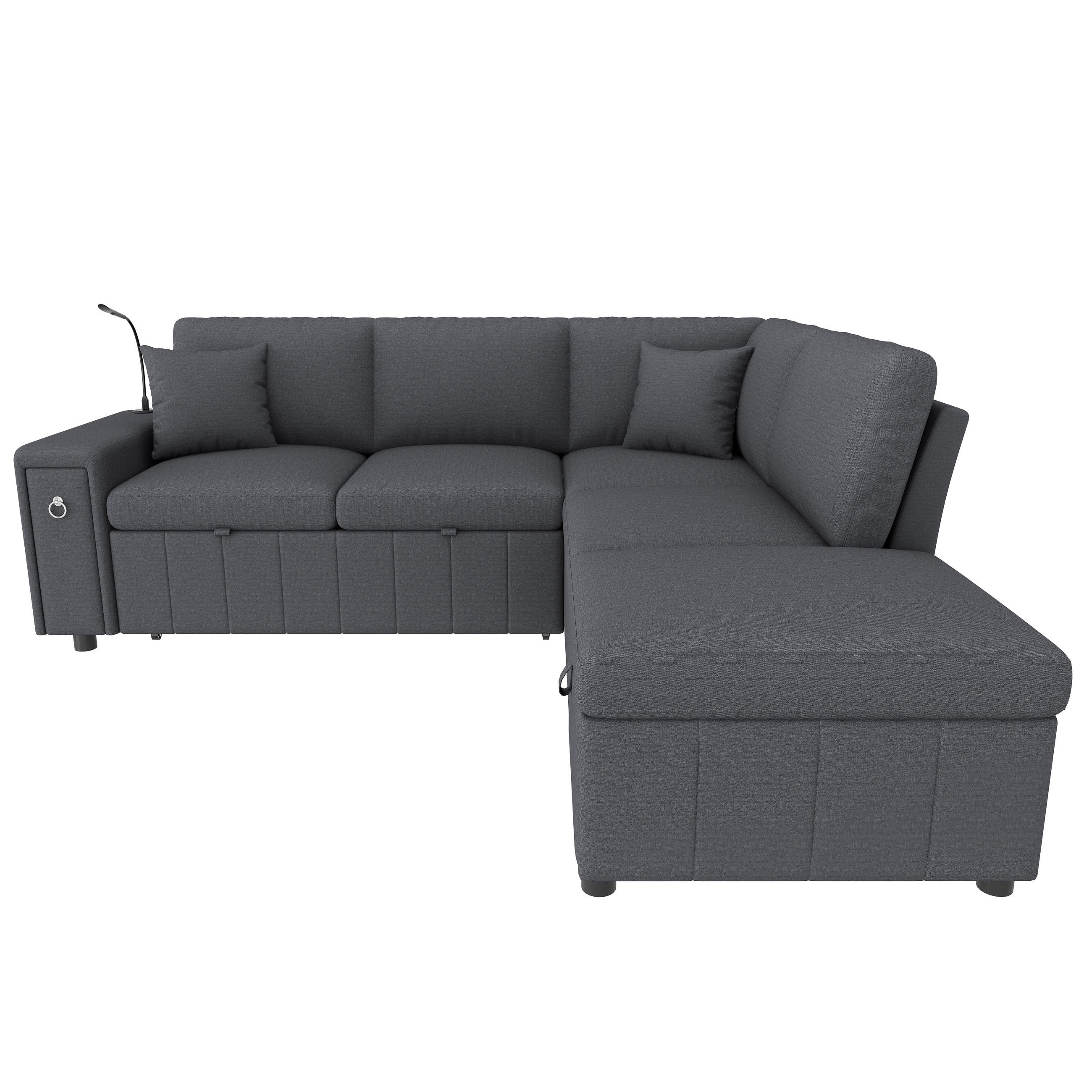 ECKSCHLAFSOFA Leinen Grau mit Hocker, USB, Type-C und Leselicht - Grau, Holzwerkstoff/Kunststoff (213/184cm) - WISHDOR