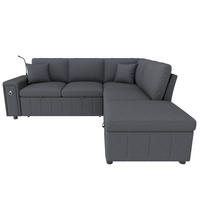 ECKSCHLAFSOFA Leinen Grau mit Hocker, USB, Type-C und Leselicht - Grau, Holzwerkstoff/Kunststoff (213/184cm) - WISHDOR
