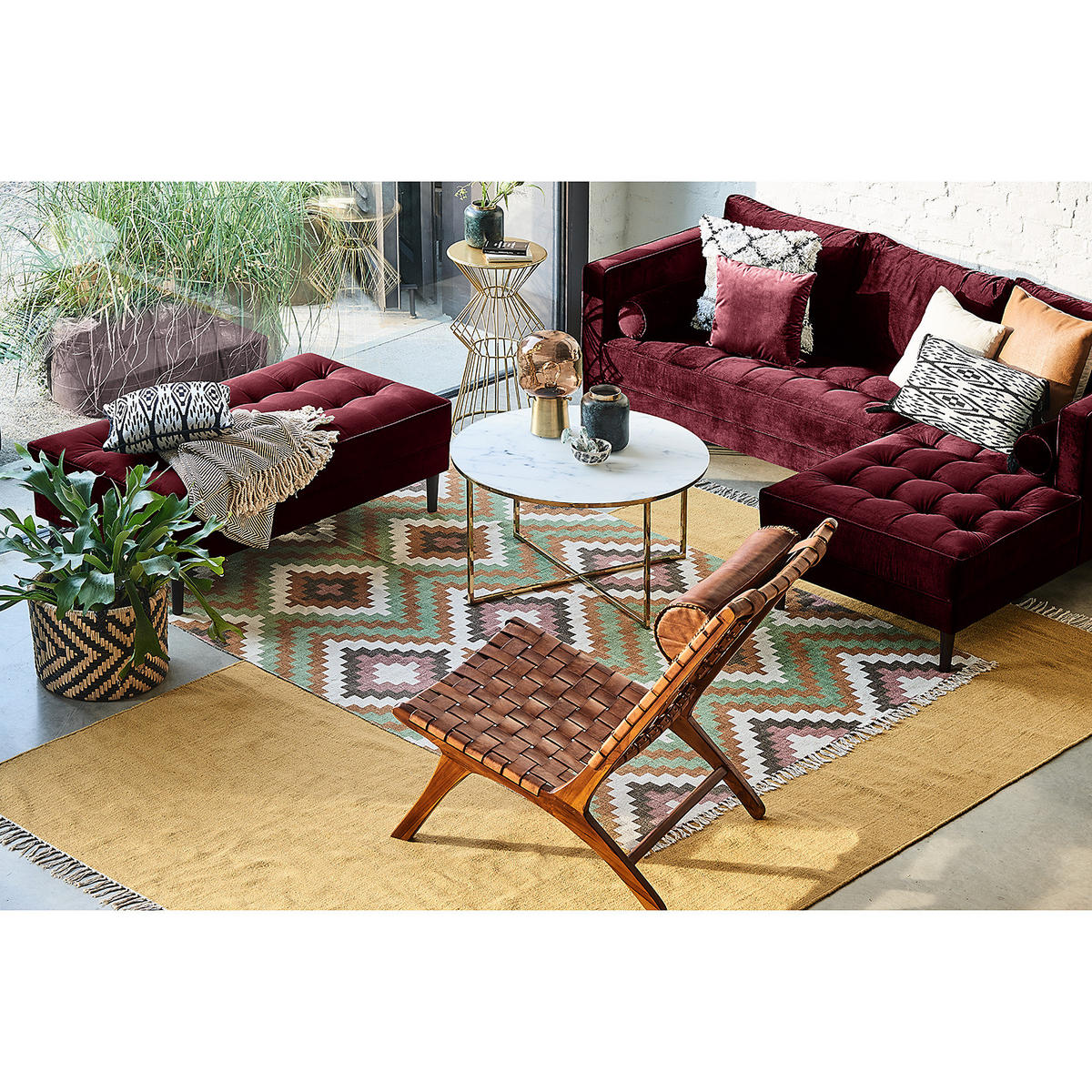 ECKSOFA - Samt - Dunkelbraun/Weinrot, Birkenholz/Textil (201/155cm) - home24