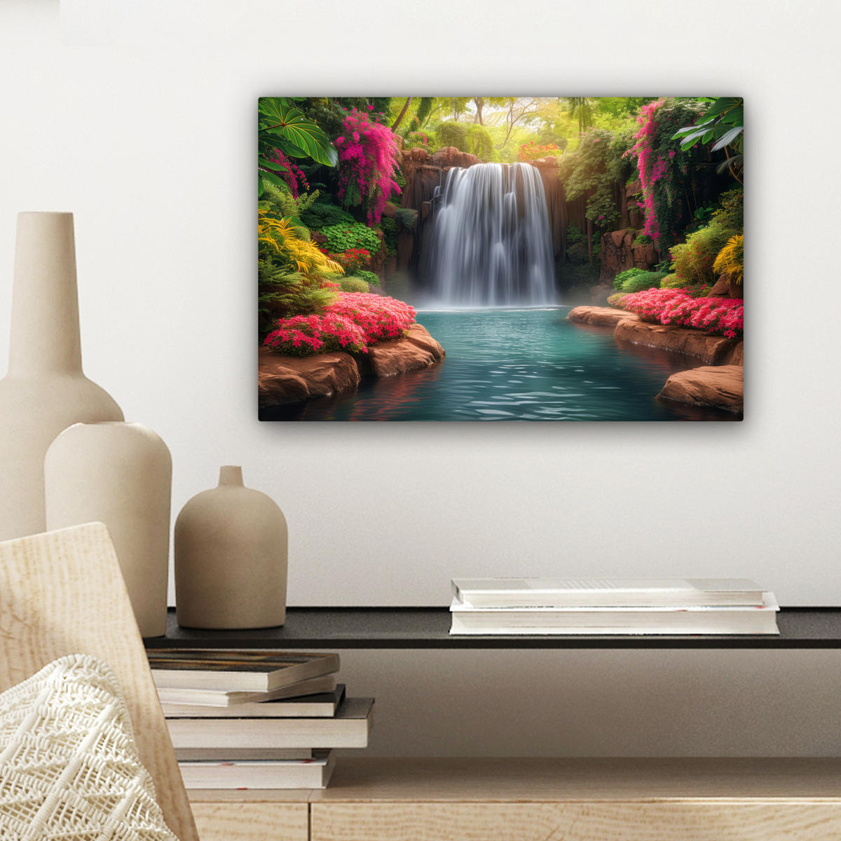 LEINWANDBILD Wasserfall - Natur - Pflanzen - Dschungel - Wasser 30x20 cm - Grün, Textil (30/20cm) - MuchoWow