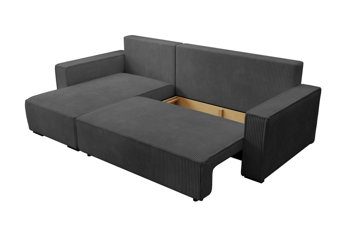 ECKSOFA CUDDY L, Eckcouch in L-Form mit Schlaffunktion und Bettkasten, Farbe: Dunkelgrau, Cordstoff, Ottomane Links - Dunkelgrau, Textil (240/140cm) - Storez24