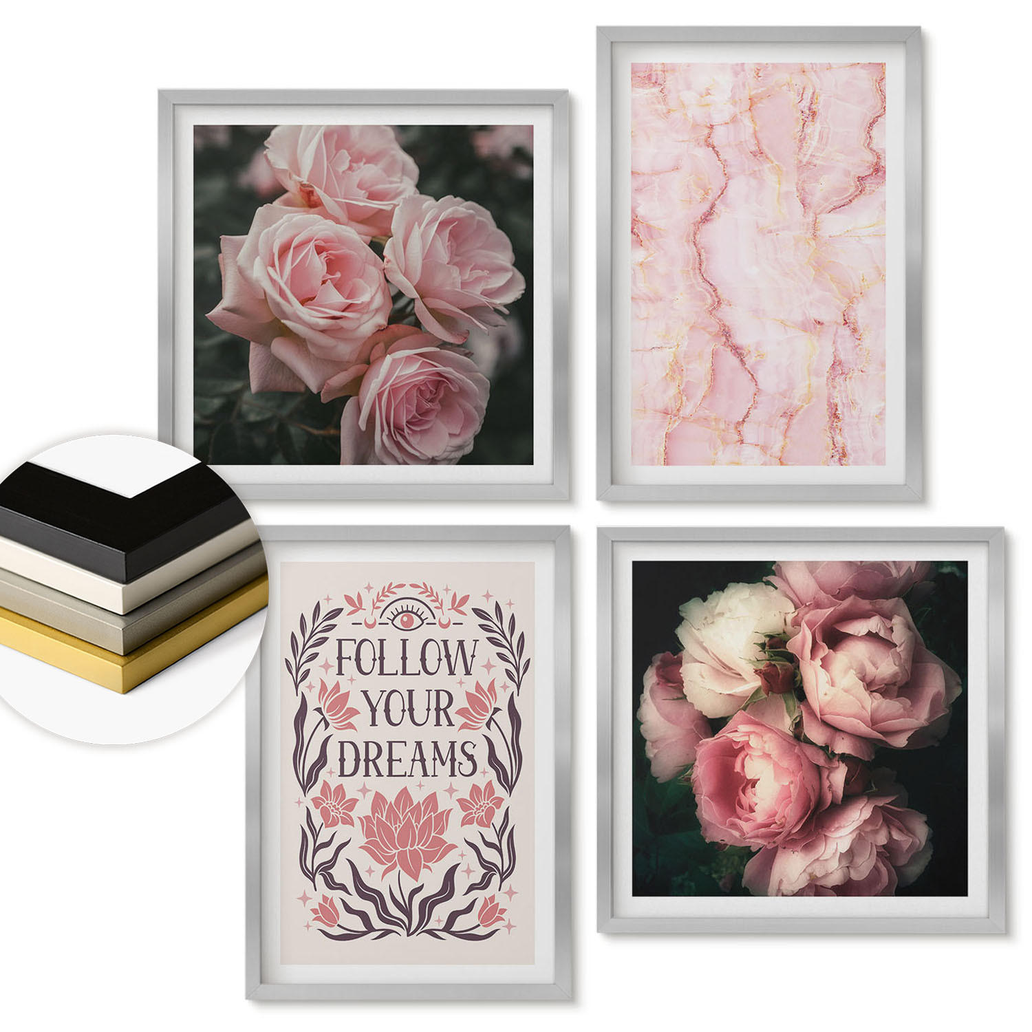 WANDBILDER 4er Set - 50x50 cm & 40x60 cm Silberner Rahmen - Vintage-Rosen-Marmorträume - Silberfarben, Kunststoff (50/50cm) - ArtPrintCave