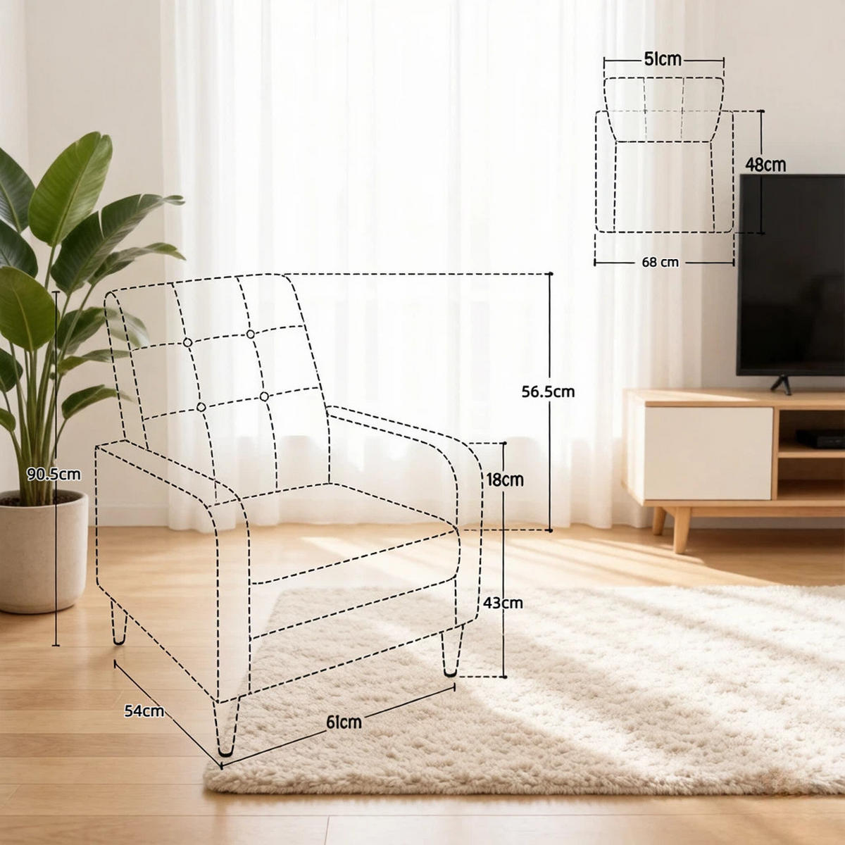 SESSEL hohe Rückenlehne mit Leinenbezug, DE-42157, Beige - Beige, Holzwerkstoff (61/90.5/54cm) - ComfortXL