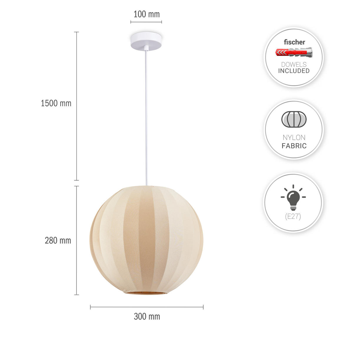 PENDELLEUCHTE Hugo Pd1 Kallisto - Beige/Weiß, Metall (30/30/30cm) - Paco Home