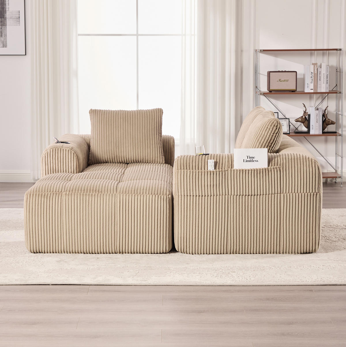 MODULÁRNÍ pohovka z manšestru 253x158x61 cm khaki s bočními kapsami, držáky na nápoje a 3 polštáři - béžová, textil (158/253cm) - Modfu