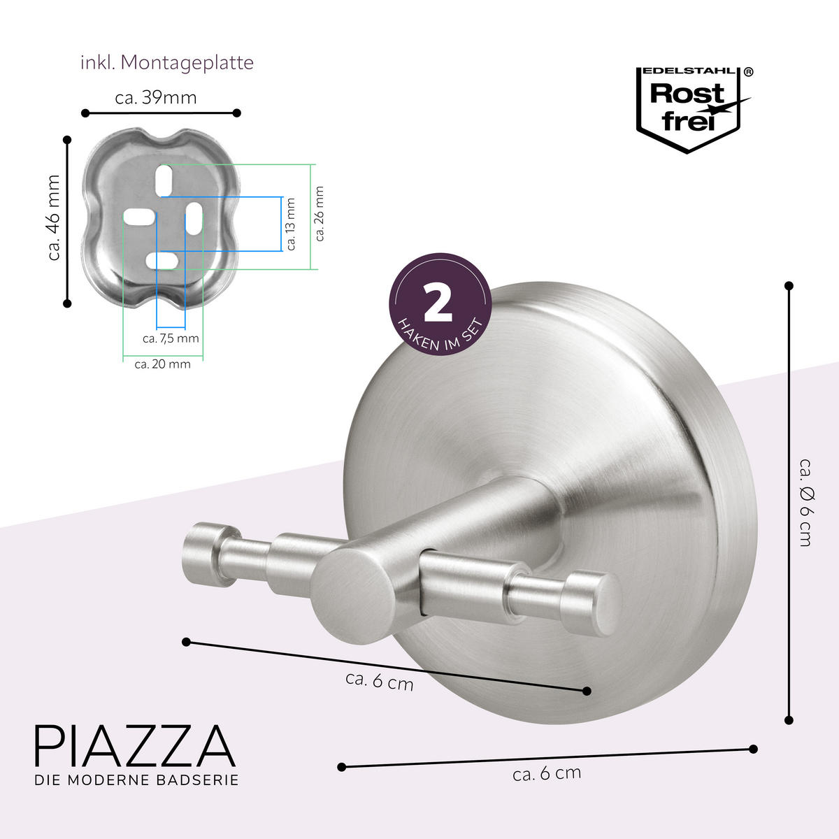 DOPPEL-WANDHAKEN 2er Set PIAZZA, Edelstahl - Edelstahlfarben, Metall (6/6/6cm) - bremermann