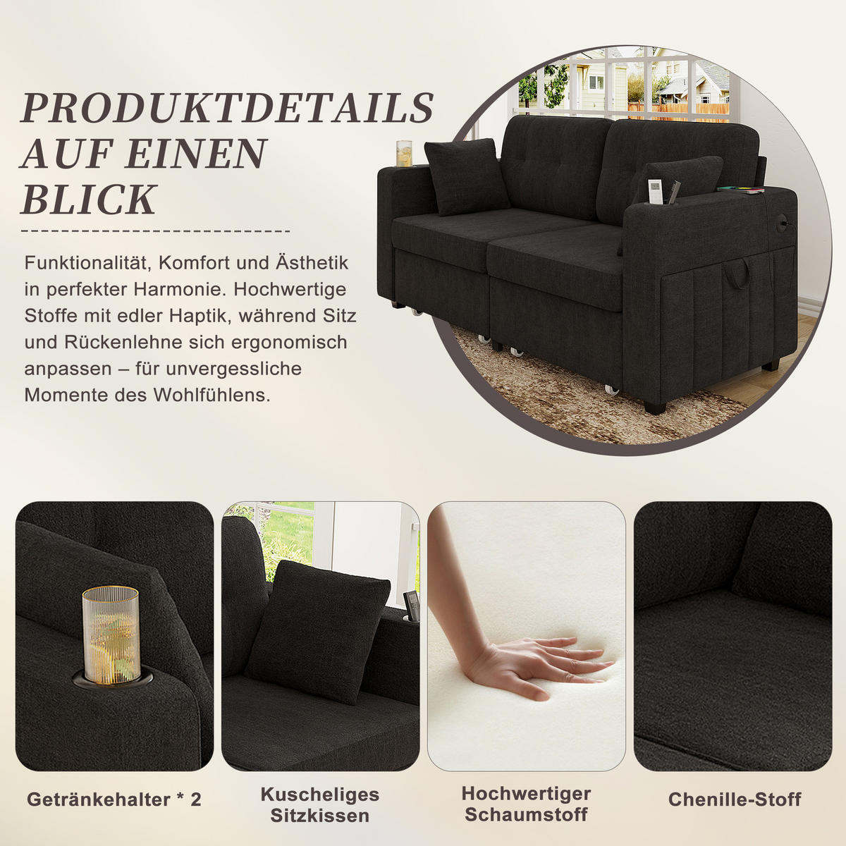 2-SITZER SOFA Chenille Schwarz mit USB und Stauraumschubladen - Schwarz, Textil/Metall (172/82/75cm) - WISHDOR