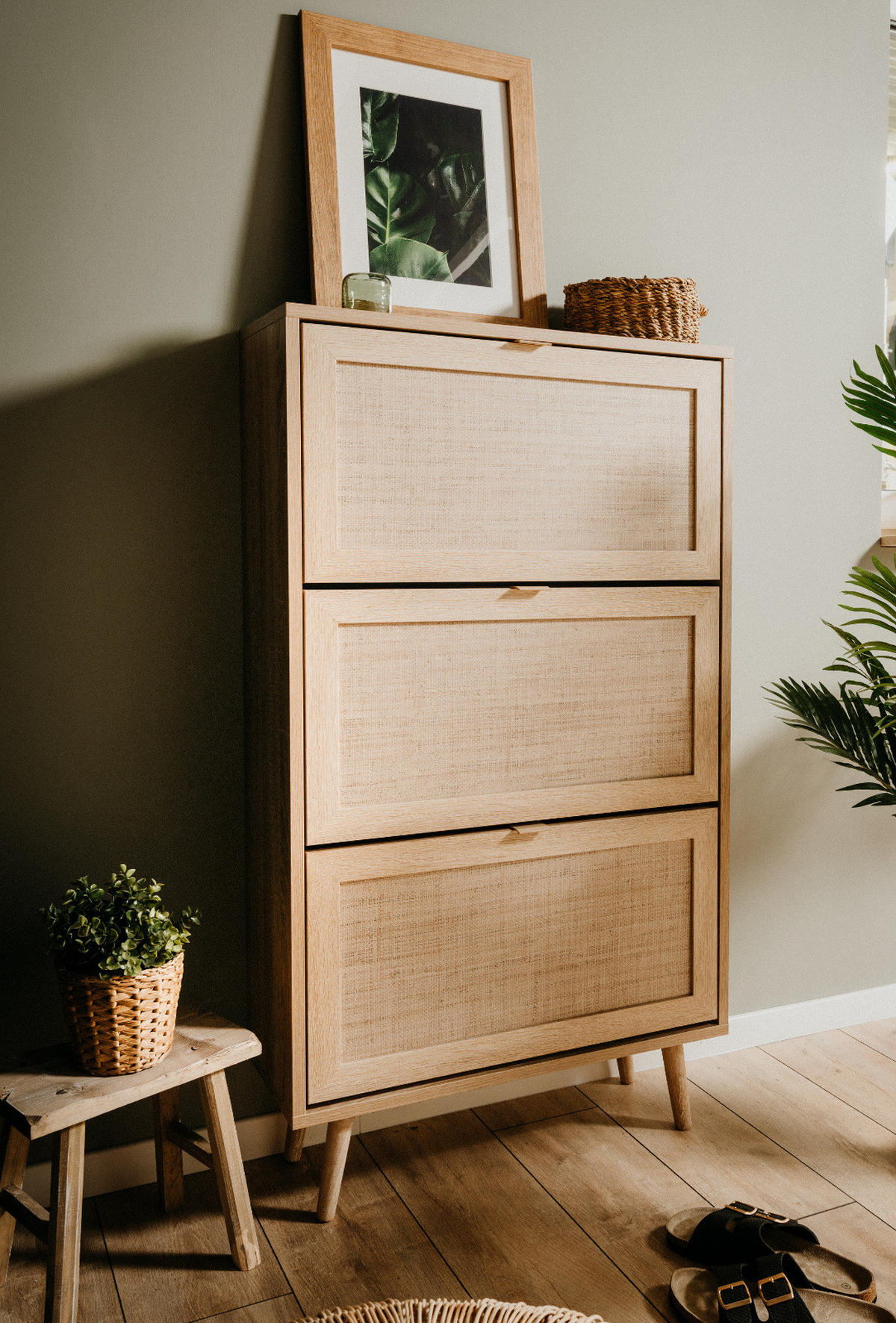 SCHUHKIPPER Eiche Sonoma, Bast-Dekor 70 cm, Schuhschrank mit 3 Kippern - Eichefarben, Holz/Holzwerkstoff (70/125/24cm) - Furn.Design