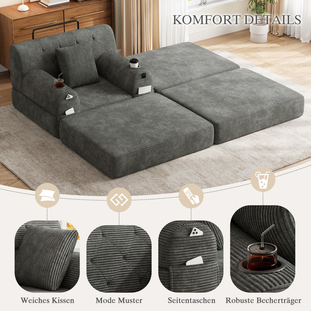 SCHLAFSOFA mit Hocker und Liegefunktion aus Cord in Dunkelgrau - Dunkelgrau, Textil (191/60/162cm) - EVRYAE