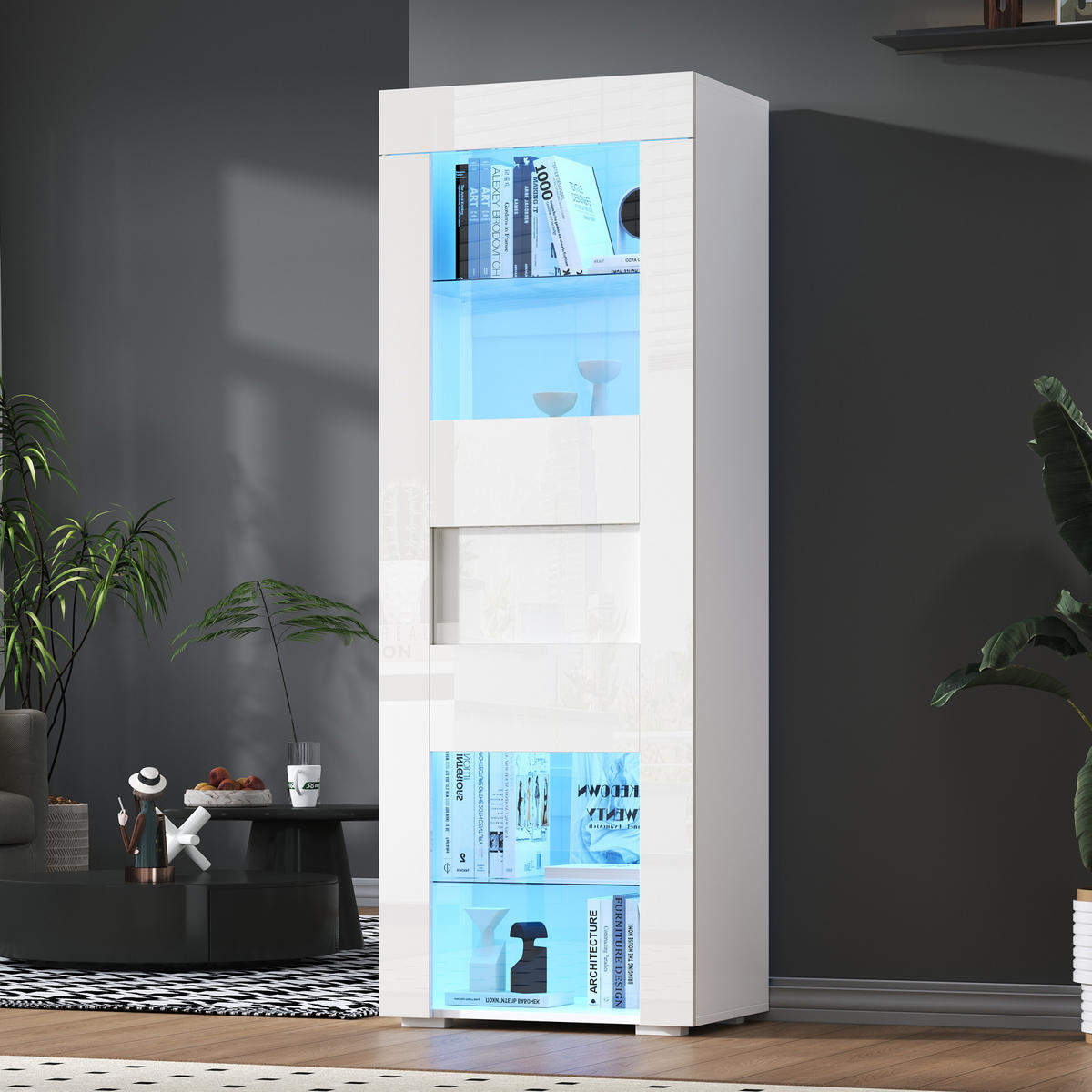VITRINE mit LED 60 x 40 x 170 cm Hochglanz Weiß - Weiß, Glas (40/170/60cm) - Beauniv