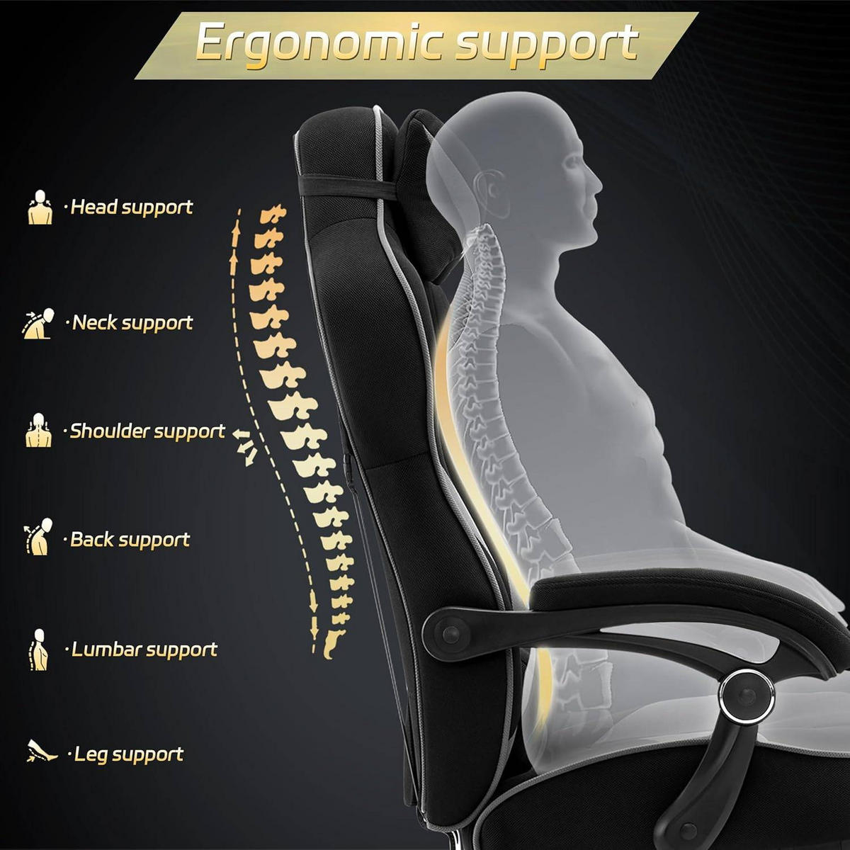 GAMINGSTUHL Stoff Stoff Kühl im Sommer Ergonomischer, 150 kg Belastbarkeit - Schwarz/Grau, Kunststoff/Textil (70/128/70cm) - Woltu