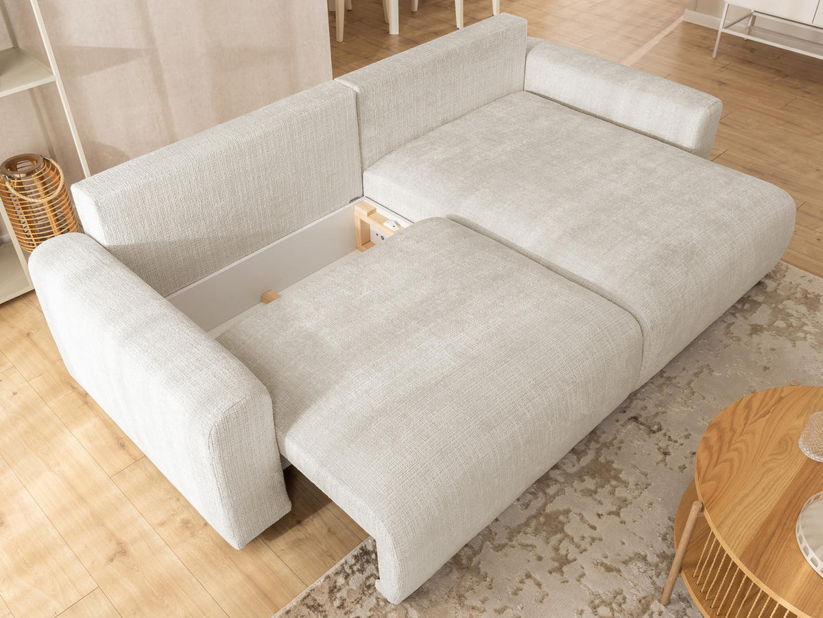 ECKSOFA Calma mit Schlaffunktion und Bettkasten im Bumpy-Design aus weichem Beige Chenille-Stoff - Ottomane rechts - Beige/Schwarz, Holz/Kunststoff (239/140cm) - S-Style Möbel