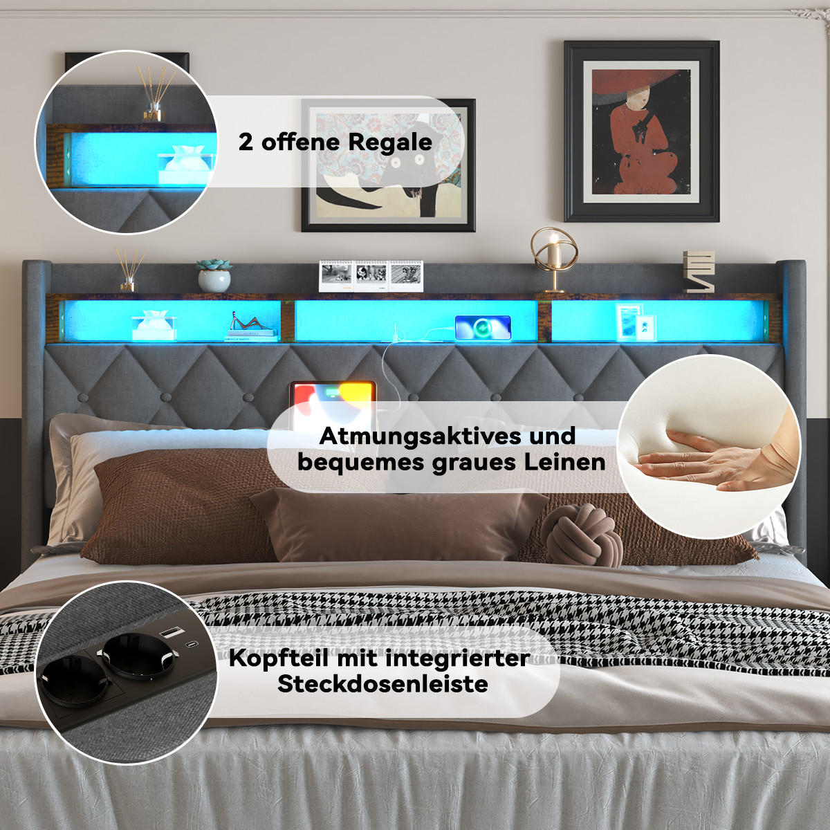POLSTERBETT 160x200 cm mit LED, USB C, Hydraulische Bett mit Stauraum und Kopfteil, Stauraumbett Bettgestell mit Metallrahmen, Leinen, Grau - Grau, Metall