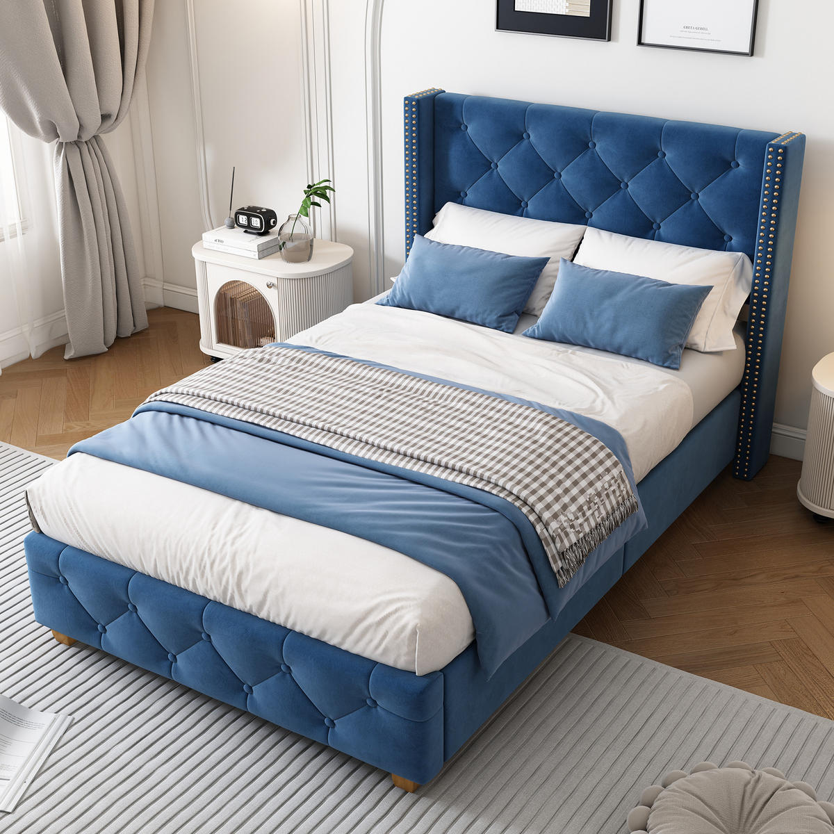 SAMT-POLSTERBETT 90/200 cm in Blau mit Lattenrost und gepolstertem Kopfteil - Blau, Textil (90/200cm) - BEAOK