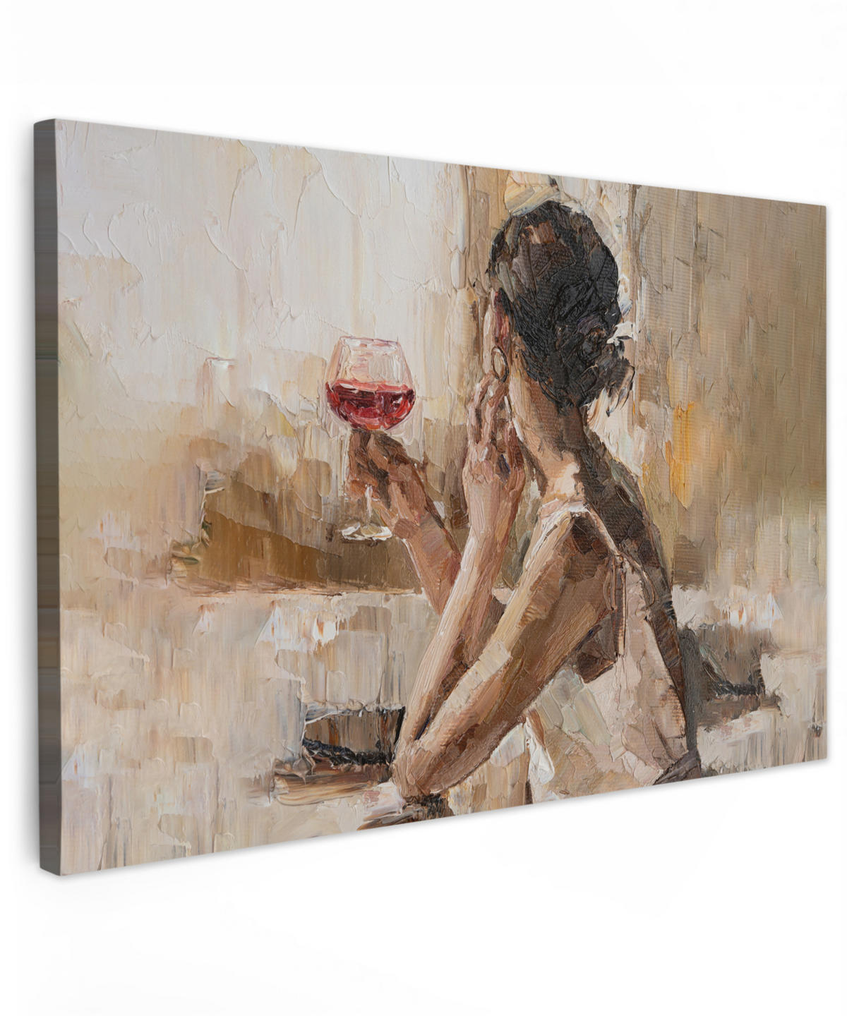 LEINWANDBILD Ölgemälde - Frau - Wein Wohnzimmer Groß 120x80 cm - Hellbraun, Textil (120/80cm) - MuchoWow