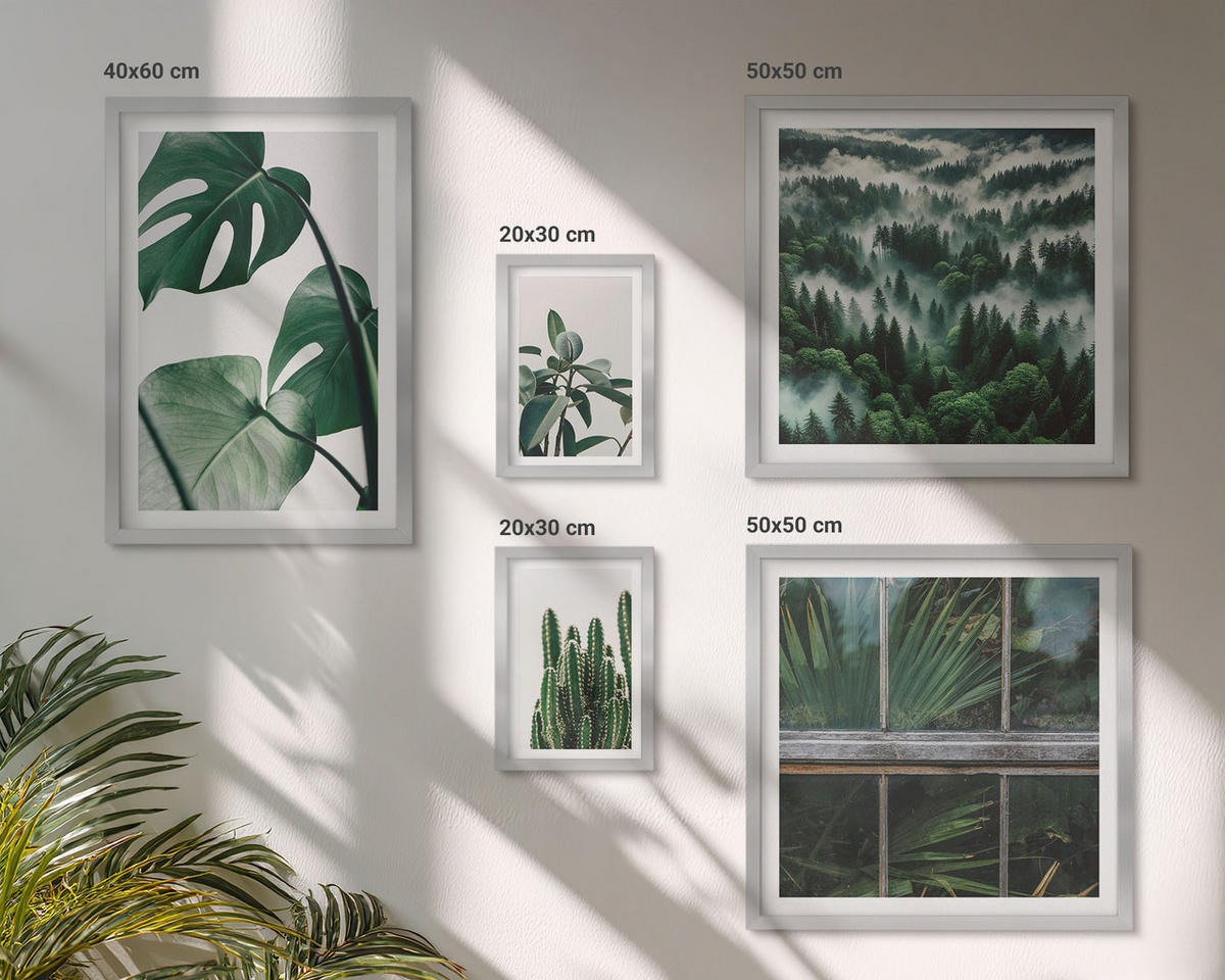 WANDBILDER 5er Set - 50x50 cm & 20x30 cm & 40x60 cm Silberner Rahmen - Ästhetik tropischer Pflanzen - Silberfarben, Kunststoff (40/60cm) - ArtPrintCave
