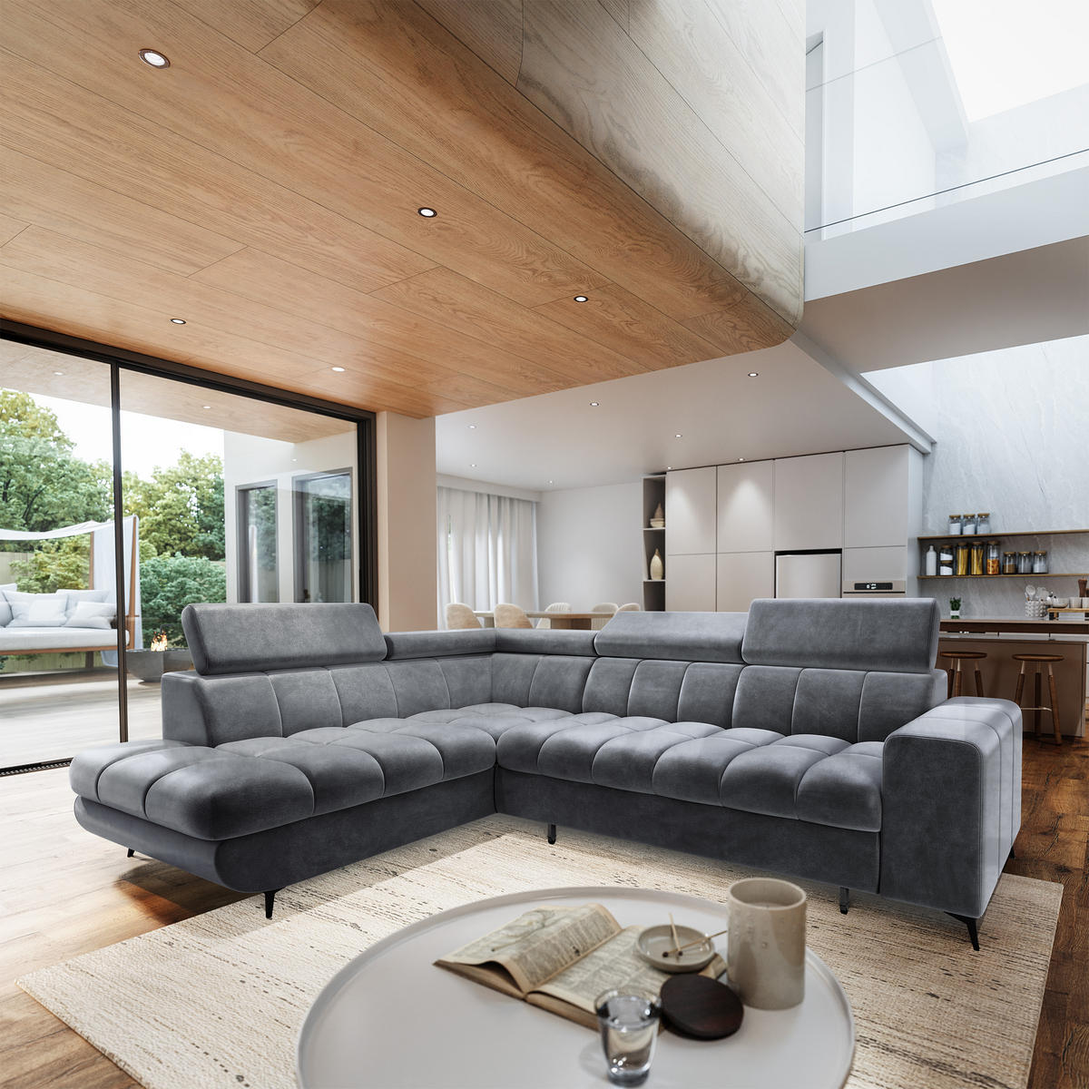 ECKSOFA MORIVA L-S Grau Velours-Stoff mit Schlaffunktion - Grau, Holz (253/190cm) - MASSENO