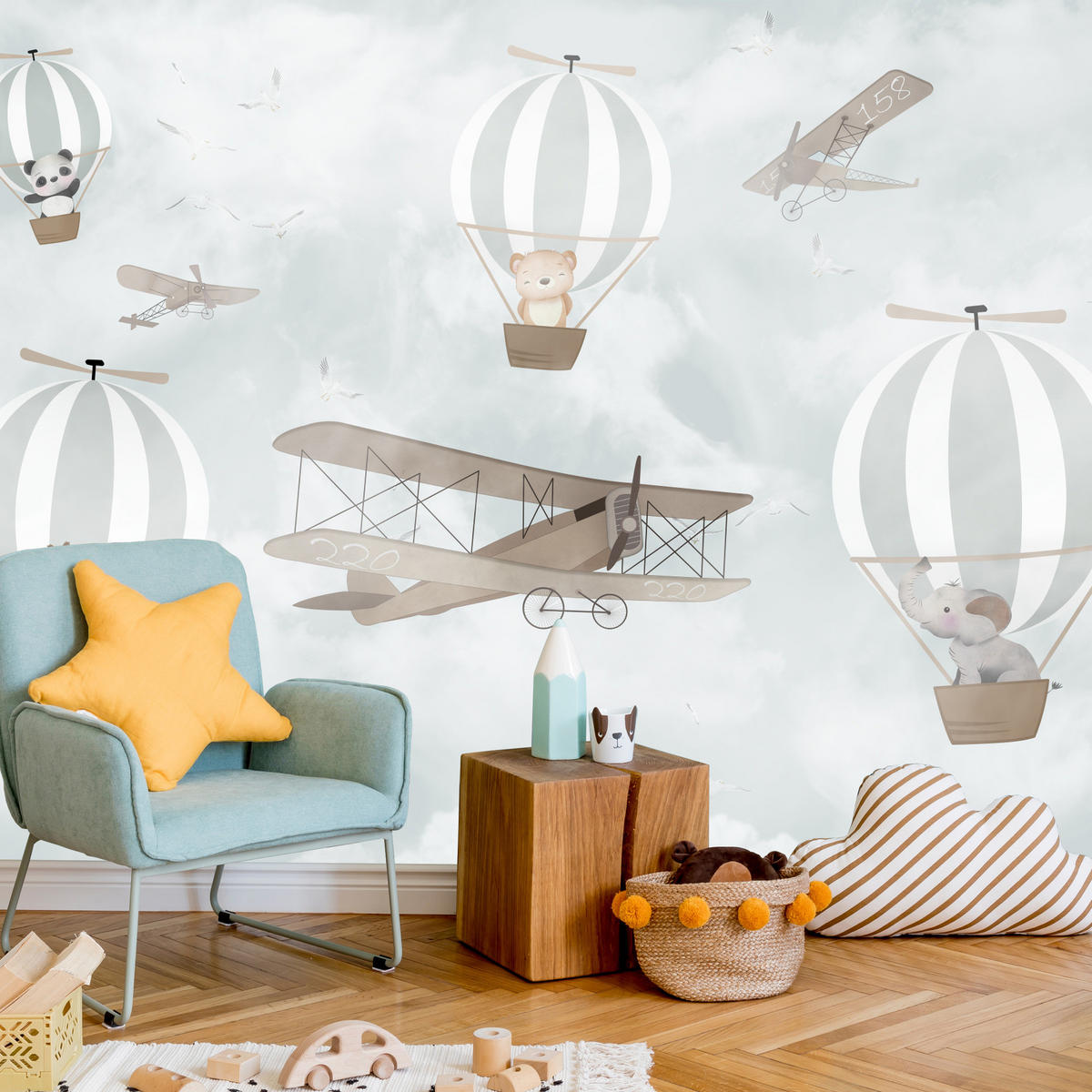 FOTOTAPETE für Kinderzimmer Ballons Tiere Wolken Flugzeuge Fantasie Retro 350x256 - Beige/Braun, Papier (350/256cm) - Muralo