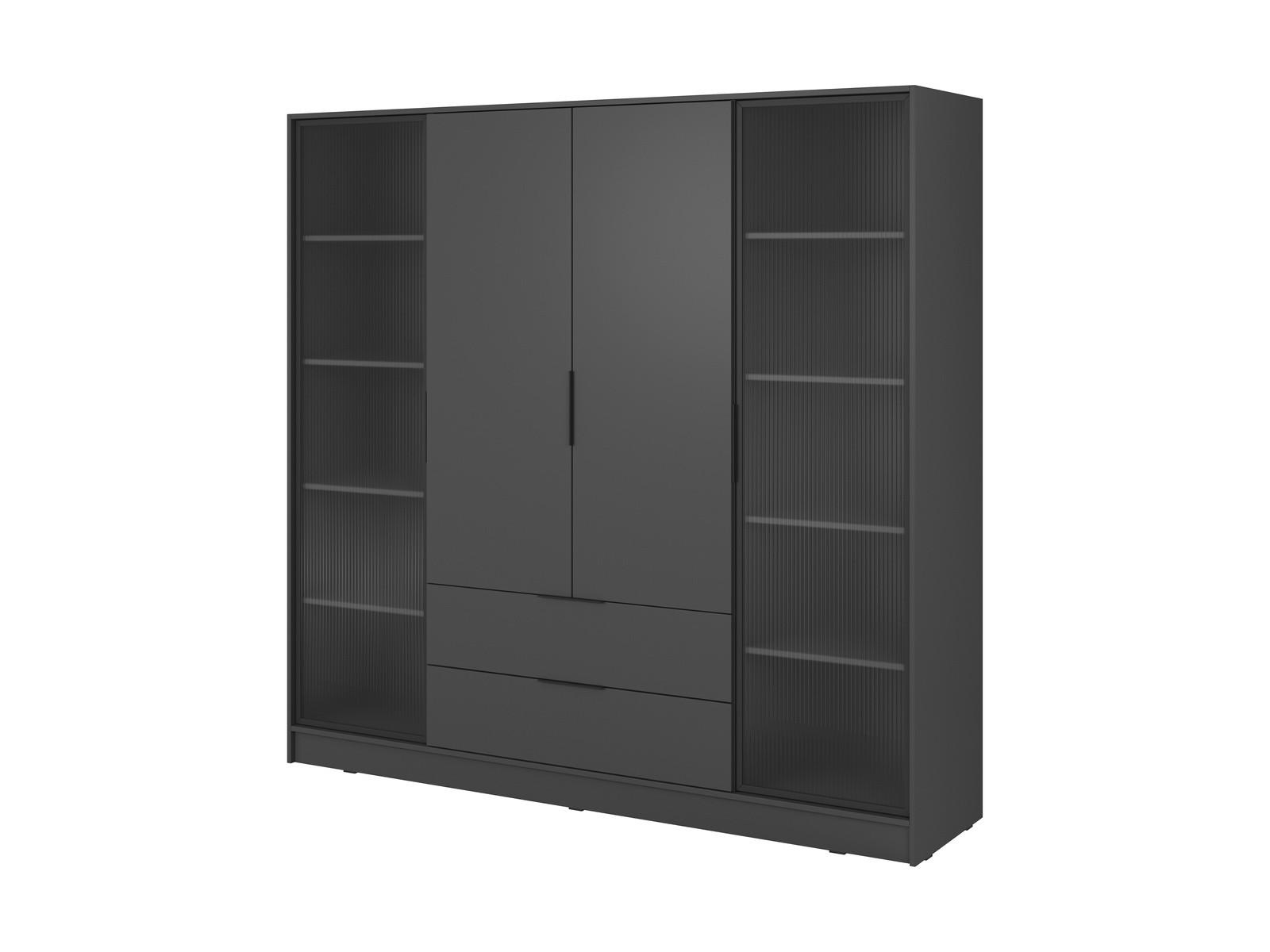 KLEIDERSCHRANK RICADI 4D RD (Graphit, Riffelglas, 4 Türen, 2 Schubladen, Kunststoffgriffe) - Schwarz/Graphitfarben, Holz/Holzwerkstoff (206/200/51cm) - Ravio