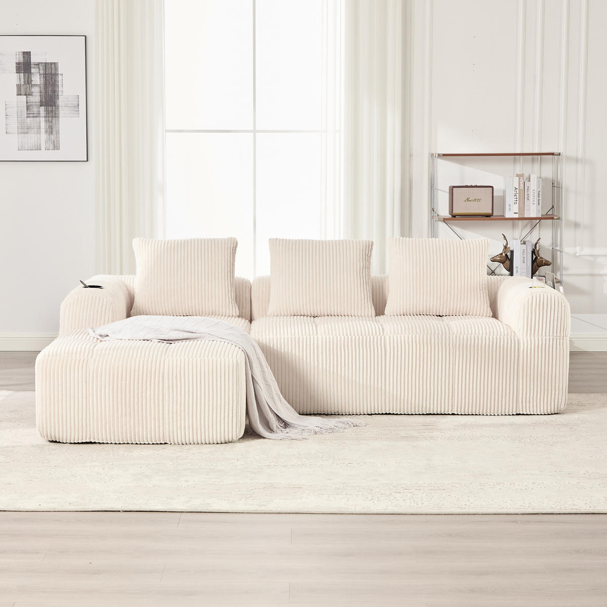 KOMPAKTSOFA Cord mit modularen Elementen und Becherhalter 253/158/61 cm Beige - Beige, Textil (158/253cm) - Redom