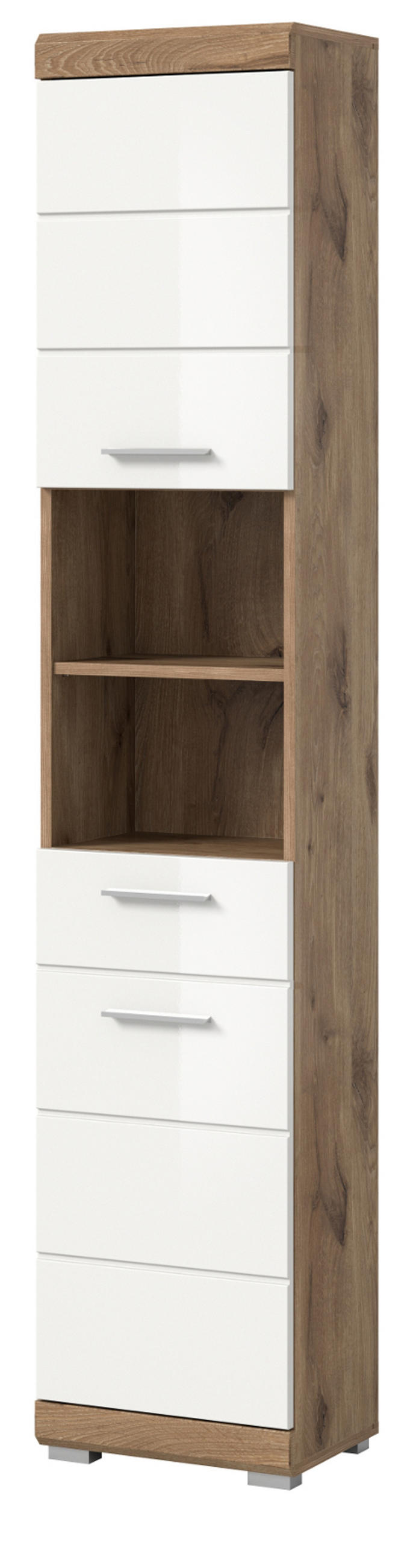 HOCHSCHRANK weiß Hochglanz, Eiche 37 x 191 cm, Badschrank mit 6 Fächern - Chromfarben/Weiß Hochglanz, Holzwerkstoff/Kunststoff (37/191/31cm) - Inn.Furn