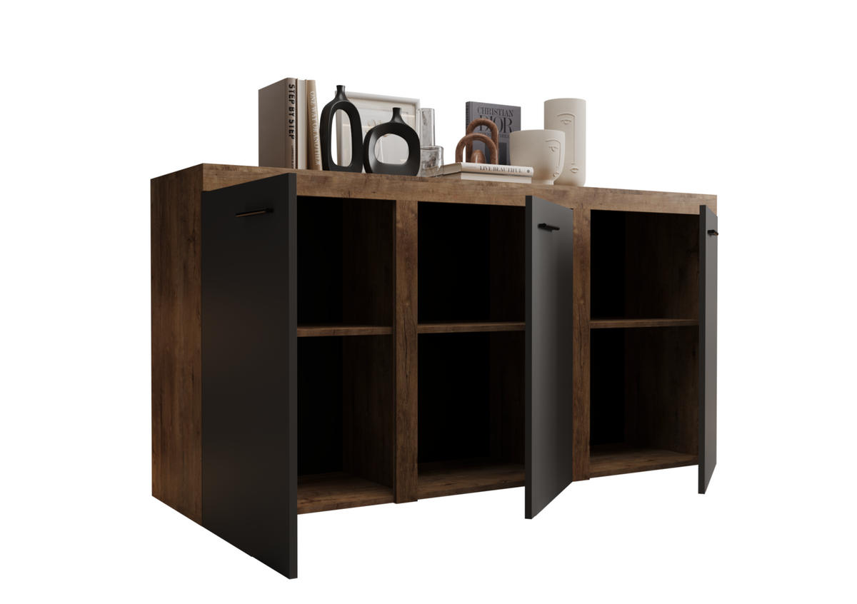 KOMMODE London LRXK mit 3 Türen, Sideboard in Farbe: Dunkelgrau|Braun, Größe: 149 x 82 x 40 cm - Dunkelgrau/Braun, Holzwerkstoff (149/82/40cm) - O-Sofa