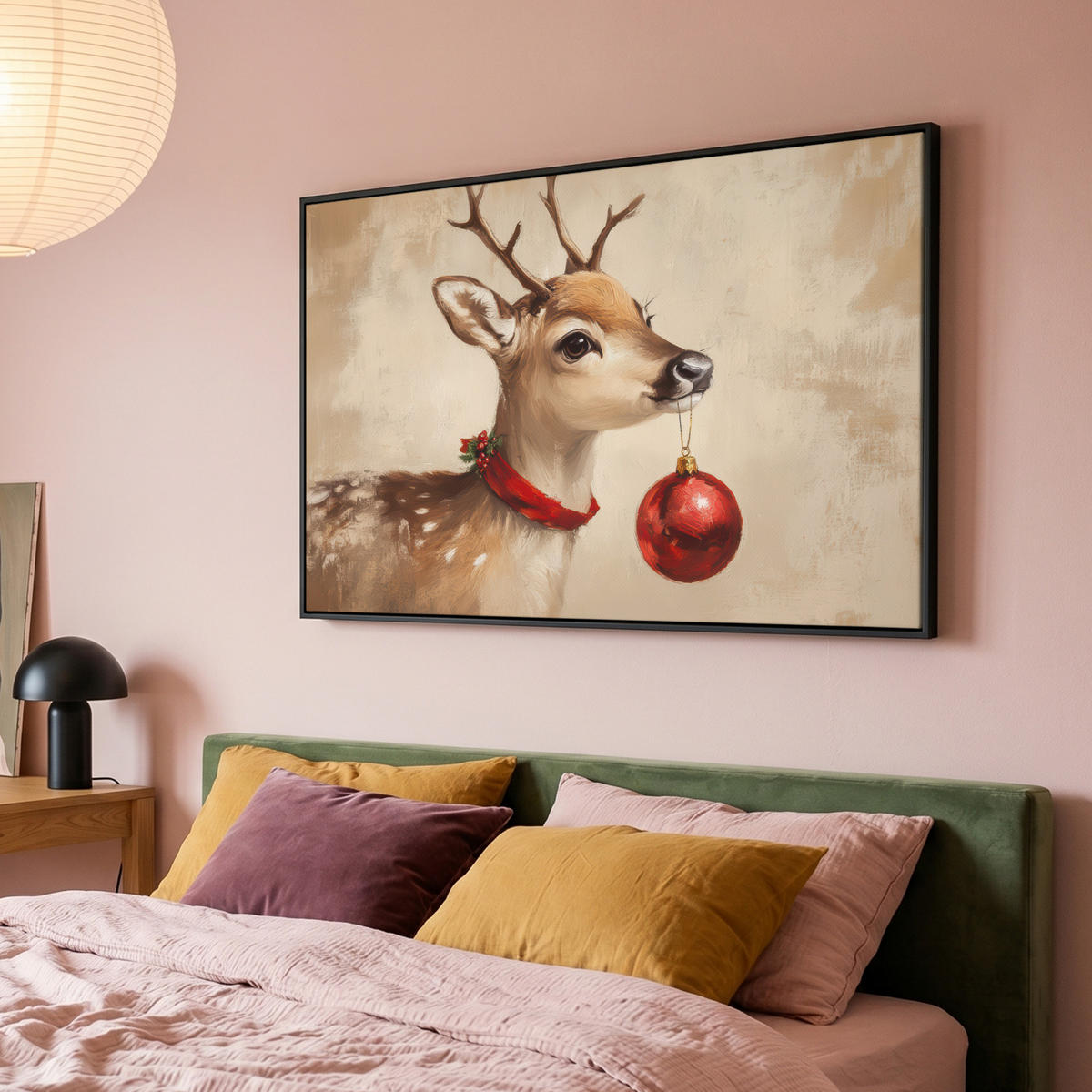 LEINWAND Bilder mit Rahmen - Weihnachten - Hirsch - Geweih - Weihnachtskugel - Rentier - 140x90 - Hellbraun, Textil (140/90cm) - MuchoWow