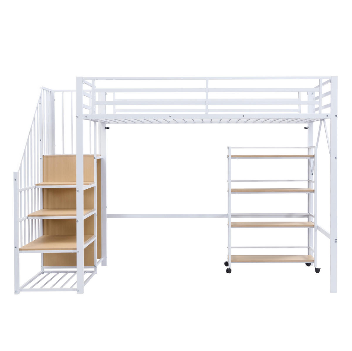 HOCHBETT aus Eisen und MDF 90x200 cm Weiß/Natur mit Eckleiterschrank, Rollregal und Sicherheitsgeländer - Weiß, Metall (90/200cm) - Modfu