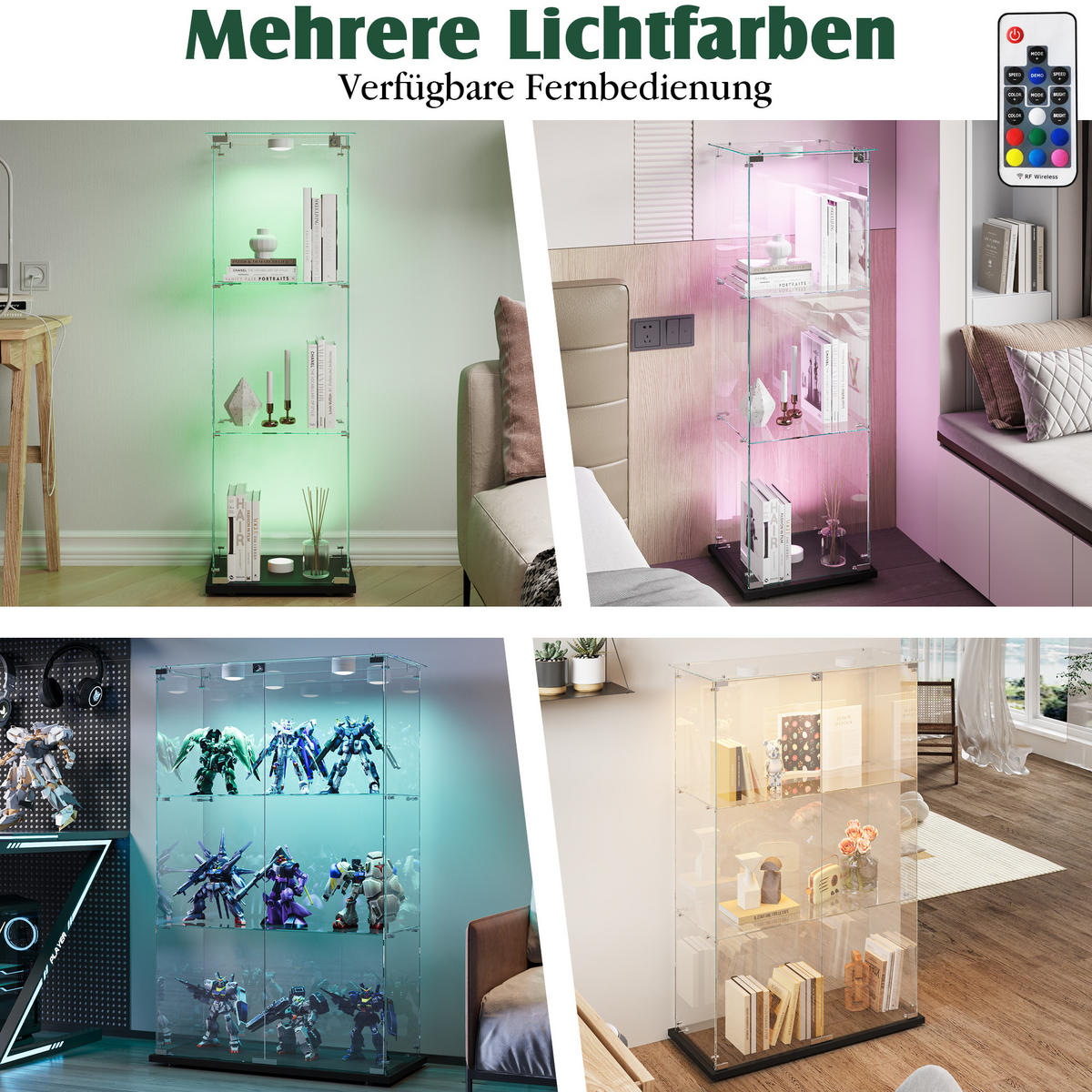 GLASVITRINE Mit LED, 3 Regale, Schloss, Glas-Schrank Für Wohnzimmer - Schwarz, Holz (35/123.3/39.8cm)