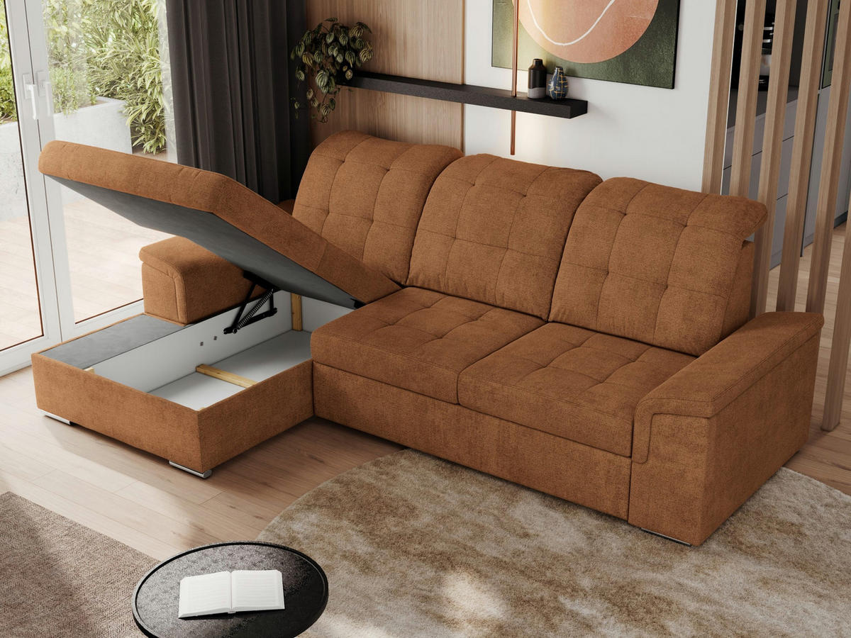 ECKSOFA MADRITO L - Orange Struktur - Links - Silberfarben/Orange, Textil/Metall (160/256cm)