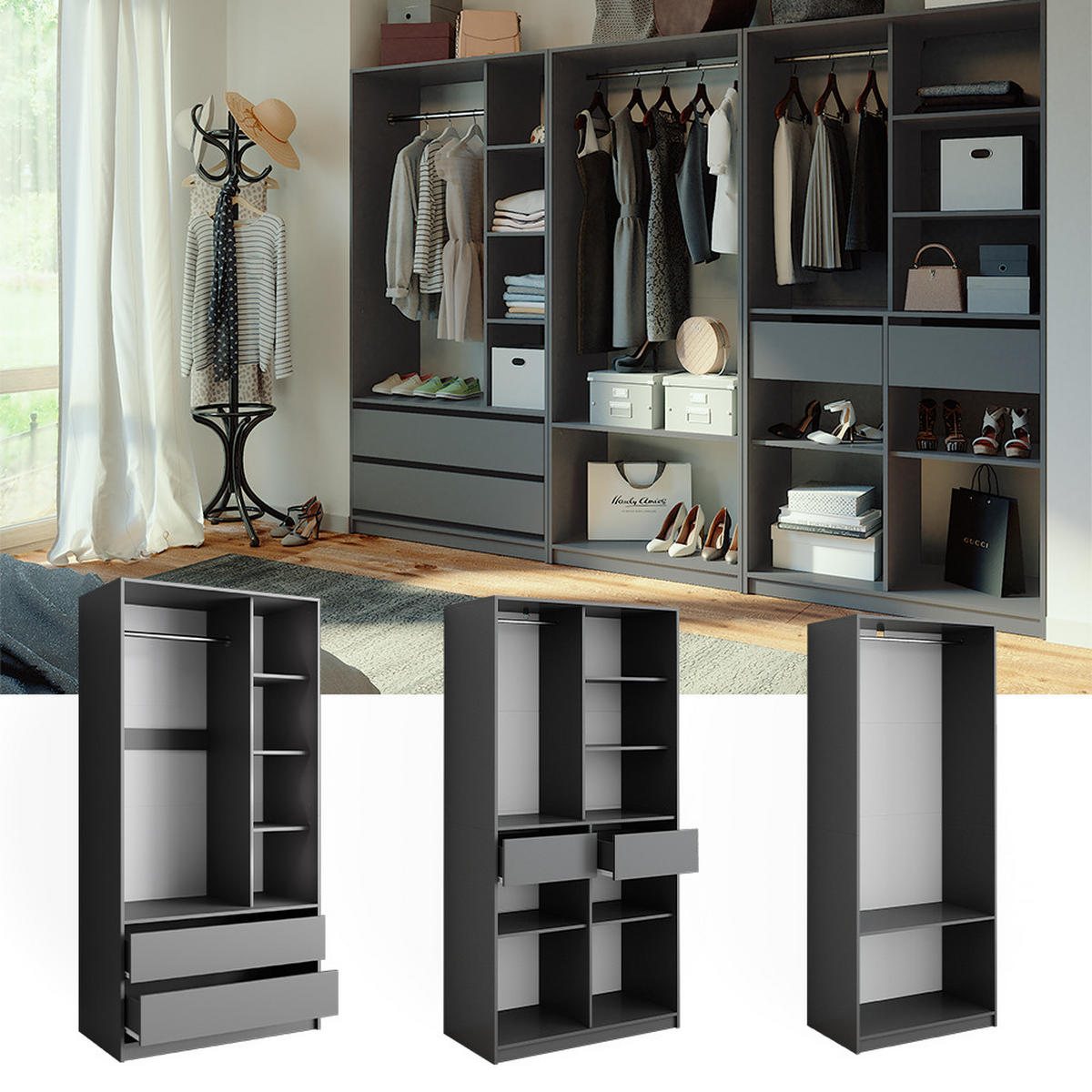 ŠATNÍKOVÁ SKRIŇA Elmo antracitová - antracitová, kompozitné drevo (280/200/50cm) - Vicco