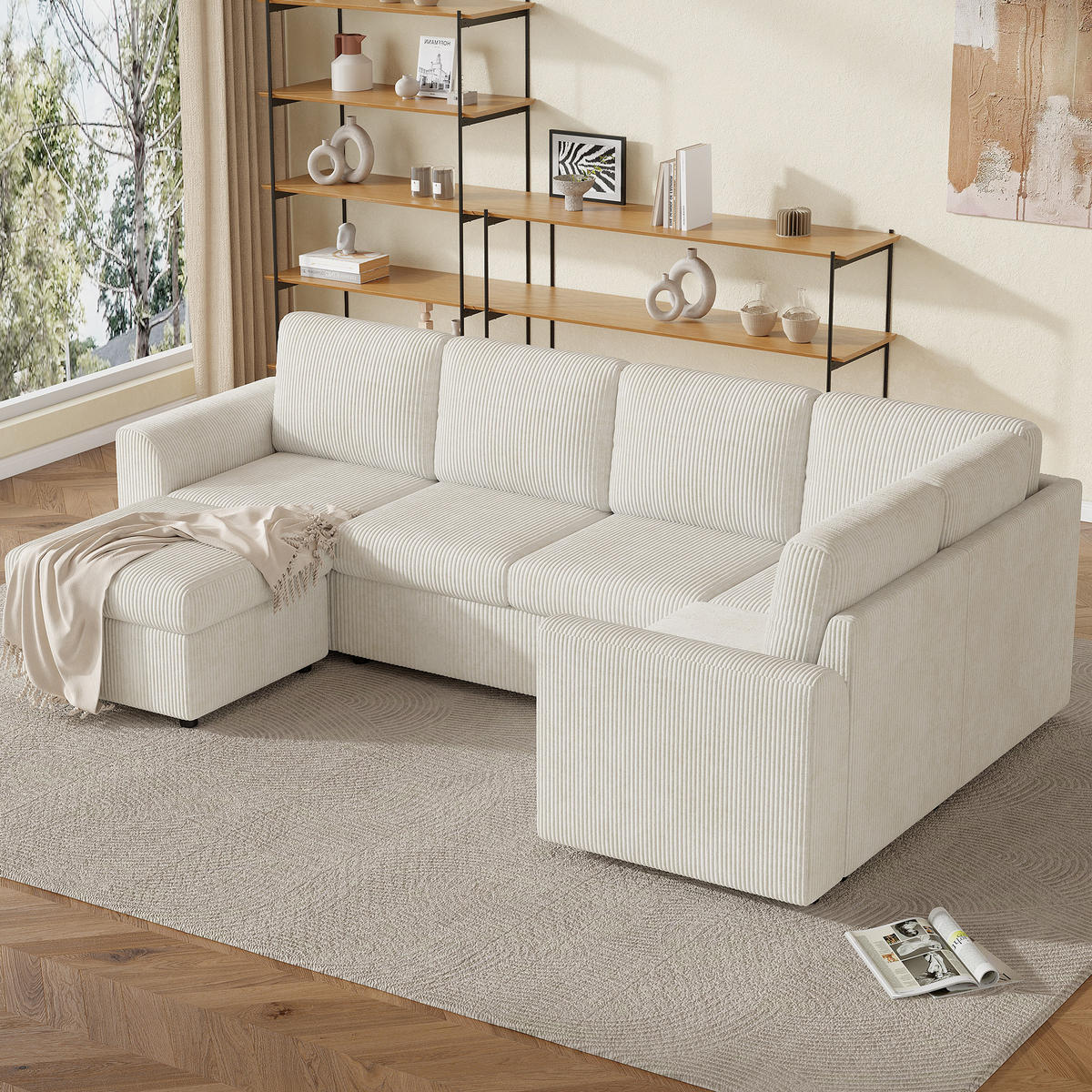 SOFA Beige L-Form Cord Ecksofa Hocker Schaumstoff 282cm - Beige, Textil (40/82/160cm) - FLIEKS