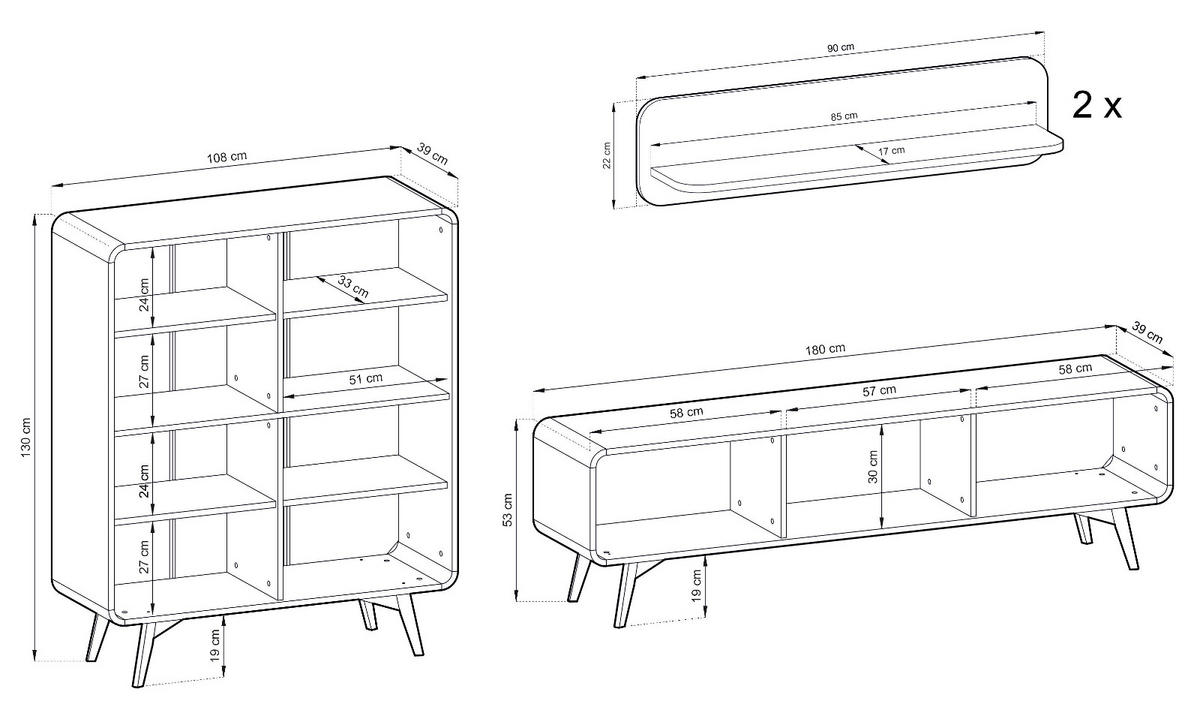 WOHNWAND Eiche natur 4-teilig 308 cm, Wohnkombination mit Push-to-Open - Eichefarben, Holz/Holzwerkstoff (308/170/39cm) - Furn.Design