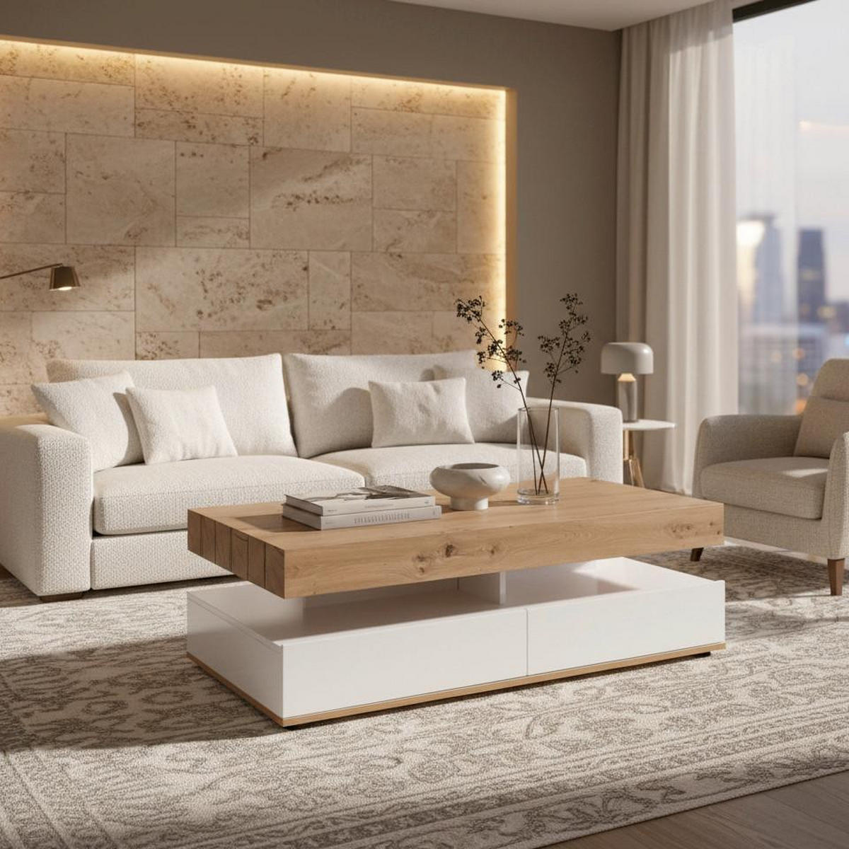 COUCHTISCH Cara Weiß/ Eichefarben MDF mit Stauraum - Weiß, Holz (110/60/38cm) - Bessagi Home