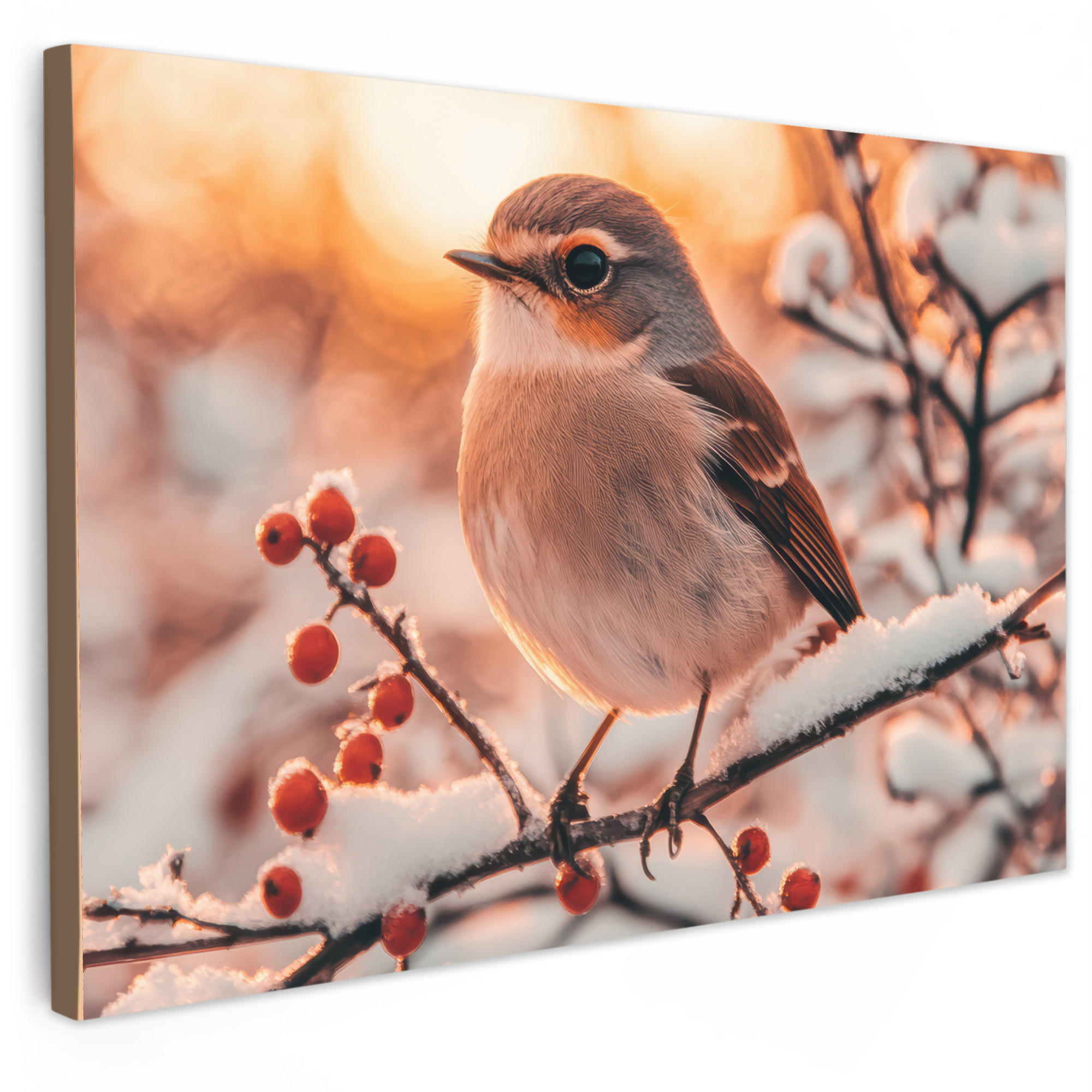 LEINWANDBILD Vogel - Zweig - Winter - Tiere - Schnee Deko Schlafzimmer 30x20 cm - Bernsteinfarben, Textil (30/20cm) - MuchoWow