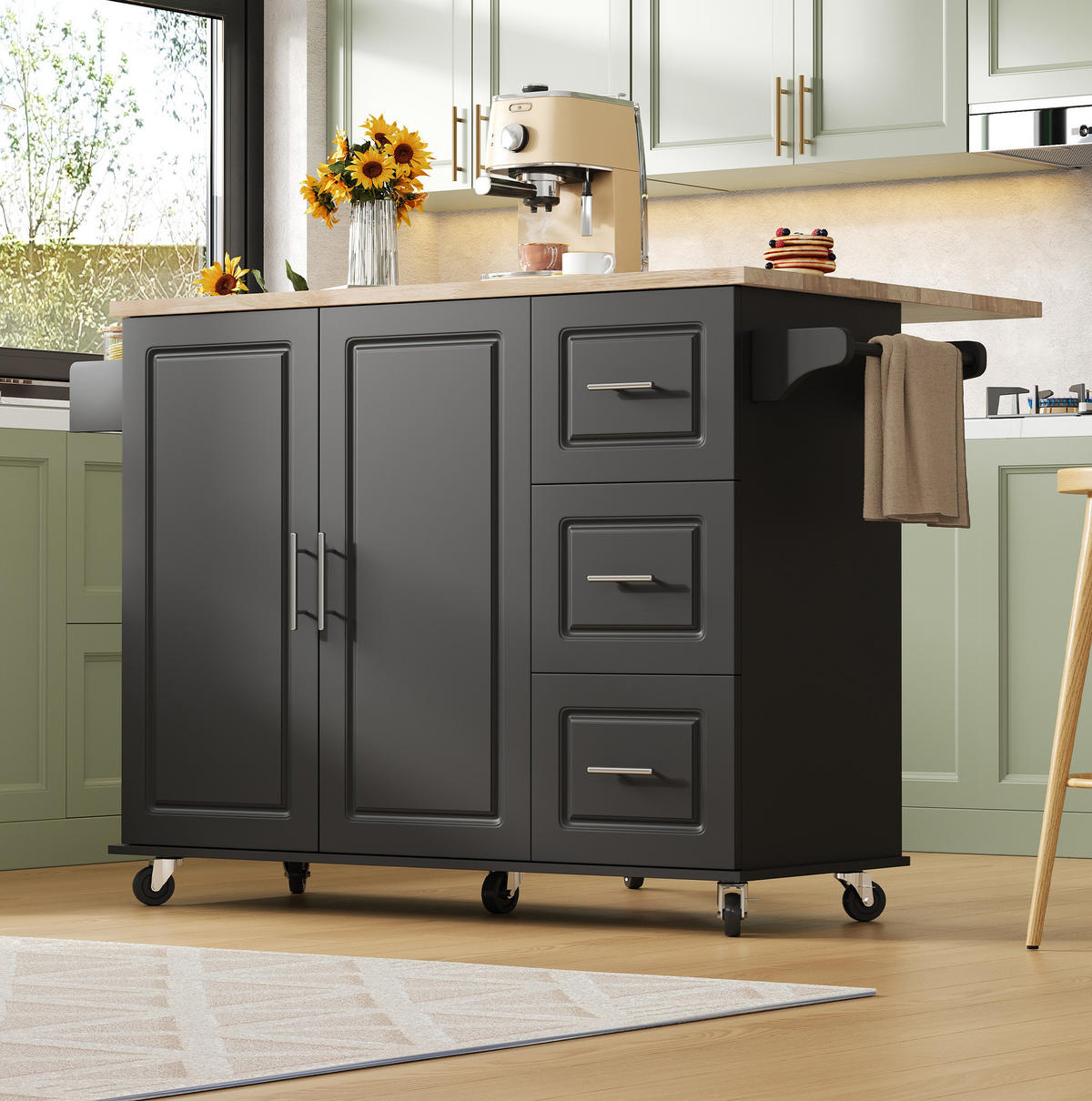 KÜCHENINSEL 137/43(76)/92 cm mit klappbarer Arbeitsplatte, 3 Schubladen und Rollen, MDF, Schwarz - Schwarz, Holzwerkstoff (137/92/76cm) - Redom