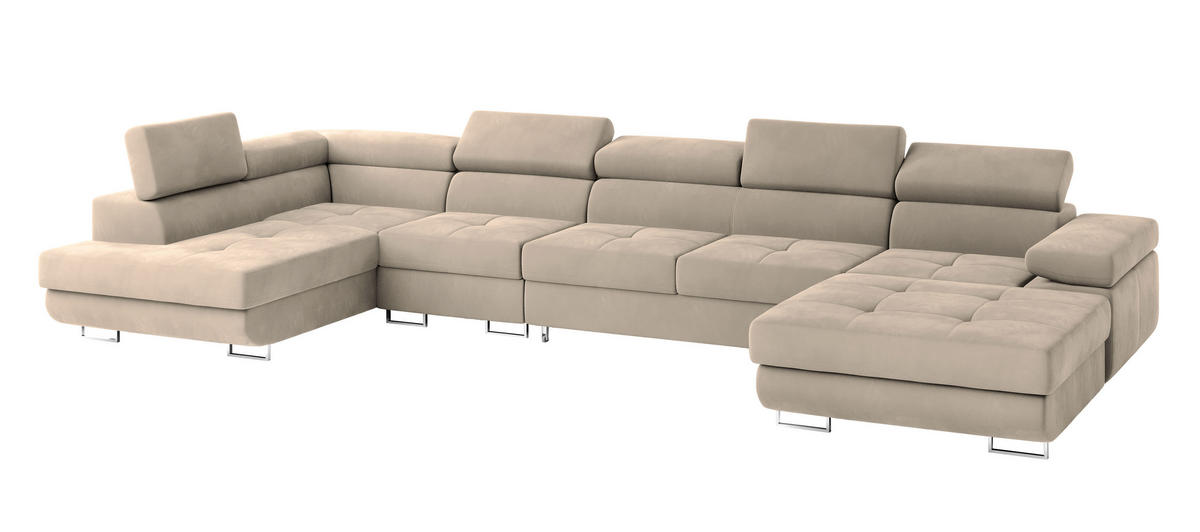 WOHNLANDSCHAFT VELORA L-S Creme Velours-Stoff mit Schlaffunktion - Creme, Holz (419/90/202cm) - MASSENO