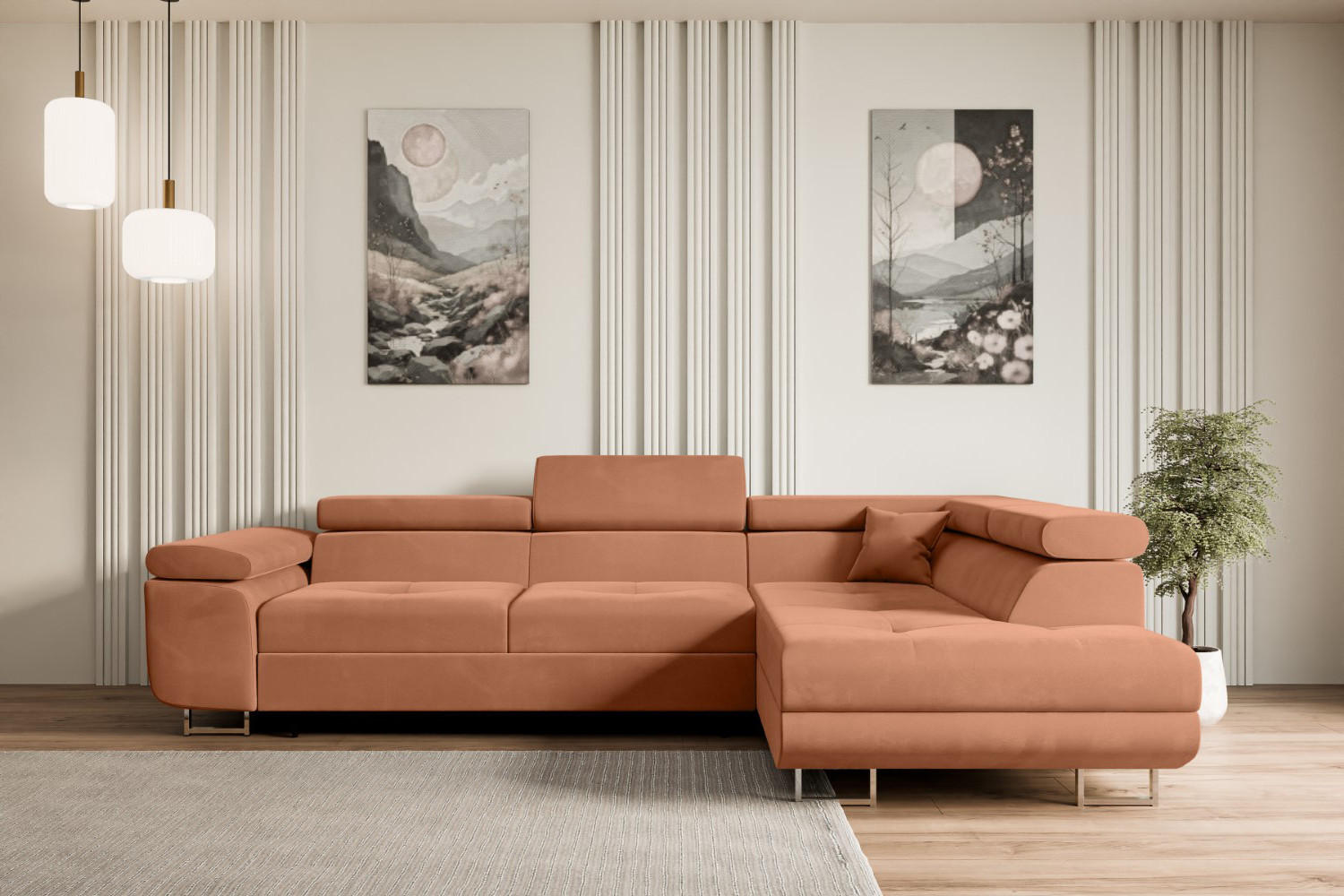ECKSOFA mit Schlaffunktion und Bettkasten GUSA-L 272x202x107 cm Koralle Velours - Koralle/Silberfarben, Holzwerkstoff/Textil (272/202cm) - ALTDECOR