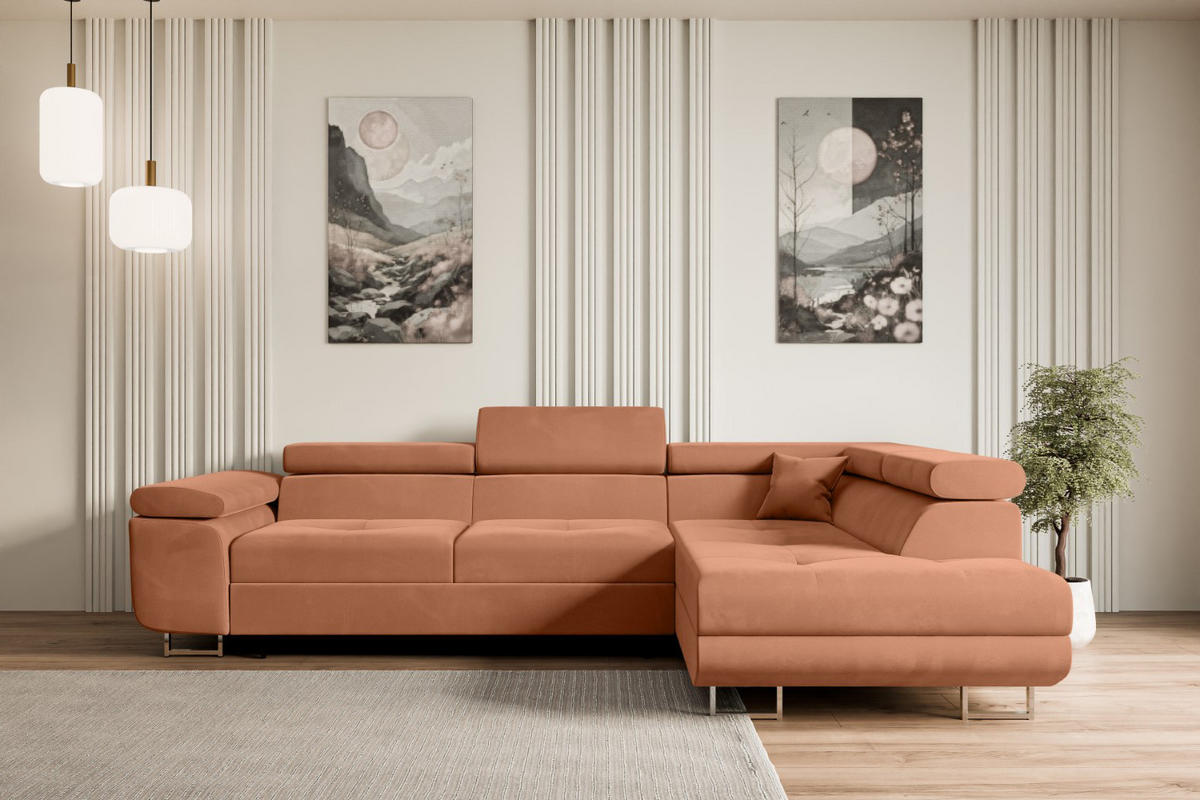 ECKSOFA mit Schlaffunktion und Bettkasten GUSA-L 272x202x107 cm Koralle Velours - Koralle/Silberfarben, Holzwerkstoff/Textil (272/202cm) - ALTDECOR