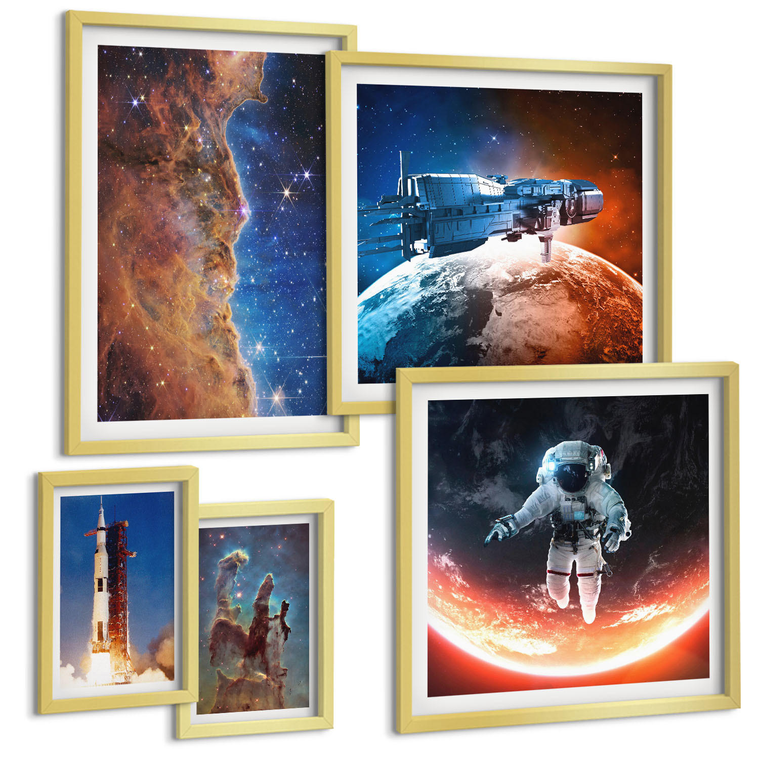 BILDER SET 5er Set - 50x50 cm & 20x30 cm & 40x60 cm Goldrahmen - Farbenfrohes abstraktes Porträt - Goldfarben, Kunststoff (40/60cm) - TULUP