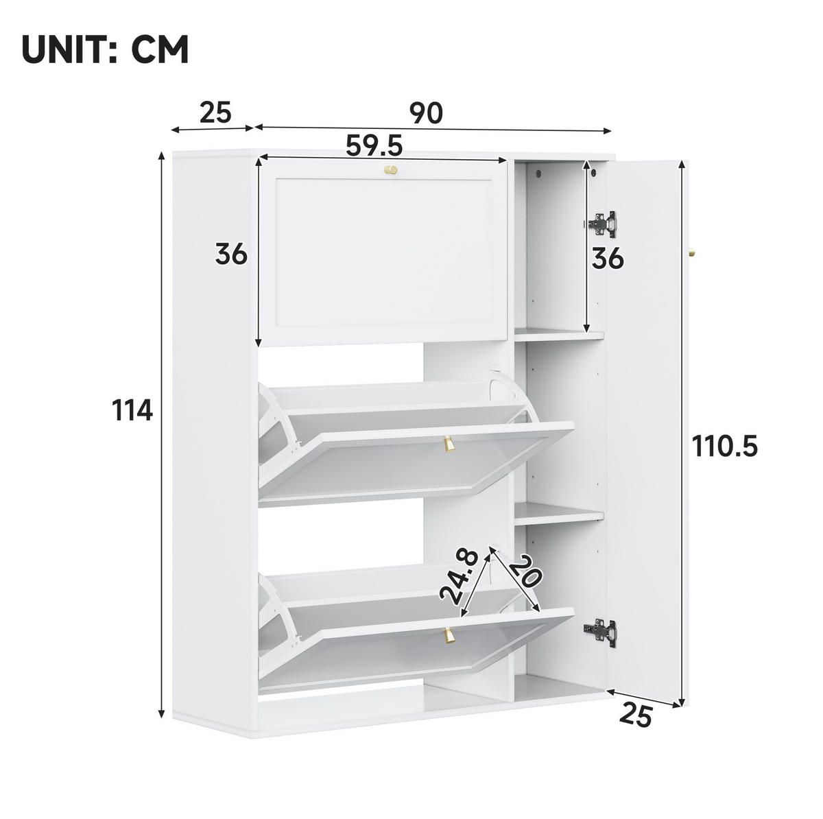 SCHUHSCHRANK aus MDF & Spanplatte 90x25x114cm in Weiß mit 3 Klappen & 1 Tür - Weiß, Holzwerkstoff (90/114/25cm) - Modfu