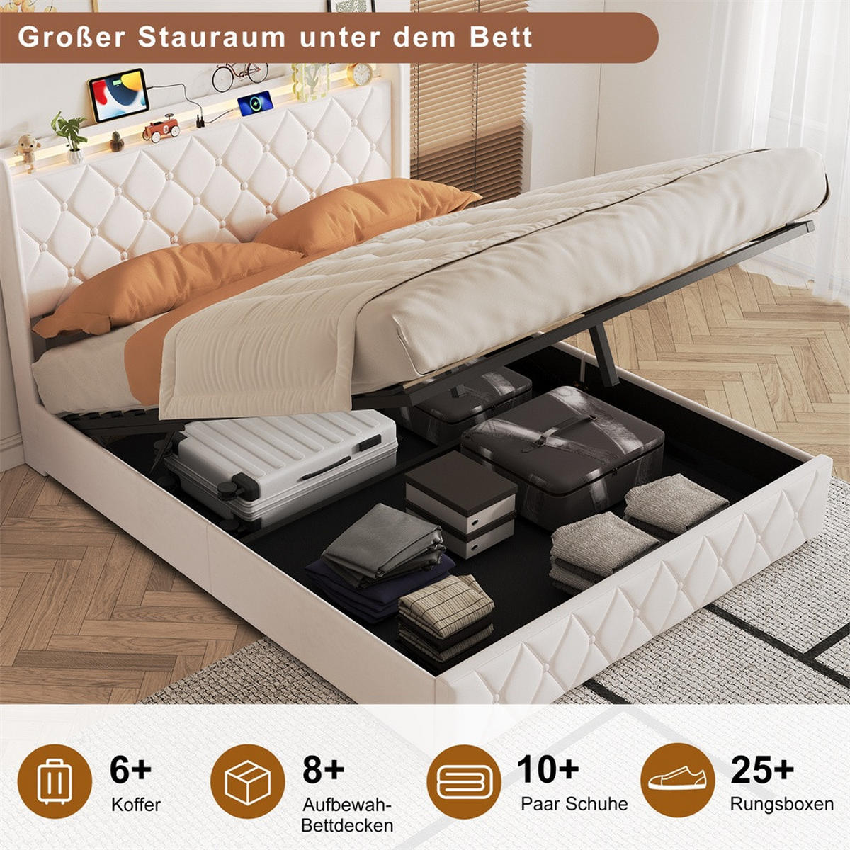 POLSTERBETT 140x200 cm mit hydraulischem Stauraum - Kopfteil Regal & LED - USB - ohne Matratze - Beige - Beige, Textil (140/200cm) - DELFA